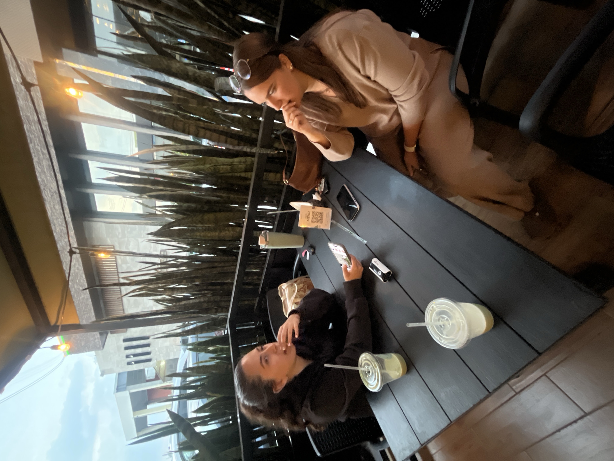 Two women sit at a black wooden table on a balcony overlooking the city of San Bernardino Tlaxcalancingo, Mexico. One woman, wearing a tan outfit and sunglasses on her head, leans over the table, resting her chin on her hand. The other woman, wearing a dark-colored top, looks at her phone. Two plastic cups with straws, a menu, a phone, and a small white rectangular object are on the table. A long potted plant stands beside the table, obscuring the view of the city. Buildings are visible in the background.