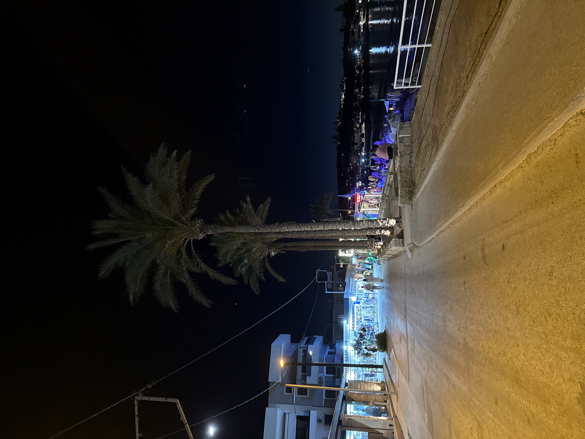 This nighttime image captures a street scene in the Municipal Unit of Chersonisos, Greece. The foreground features a paved road illuminated by artificial lights, casting a warm yellow glow. To the left, a multi-story white building with balconies and visible air conditioning units lines the street, with shops on the ground floor displaying merchandise. Further down the street, palm trees are prominently featured, their fronds silhouetted against the dark sky.
On the right side of the image, a paved walkway runs parallel to the road, leading towards a waterfront area. Here, a row of shops or restaurants with brightly lit facades is visible. People are seated at tables outside some of these establishments, and a body of water, reflecting the lights, is visible in the background. The overall atmosphere is one of a lively tourist area at night.