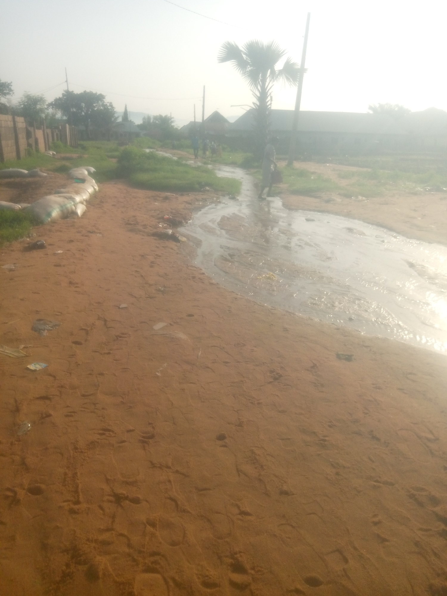 In an outdoor, possibly rural, environment, a dirt path meanders through a dusty area. Sandbags are stacked along the left side of the path, some partially covered by grass. A shallow stream of water flows down the path, reflecting the bright, hazy sky. A single palm tree stands to the right of the path, its fronds fanning out against the light. In the distance, several buildings with muted colors are visible, and a few blurry figures can be seen walking. The ground is covered in sand with visible footprints and some scattered litter. The overall impression is of a somewhat unkempt, sun-drenched scene.