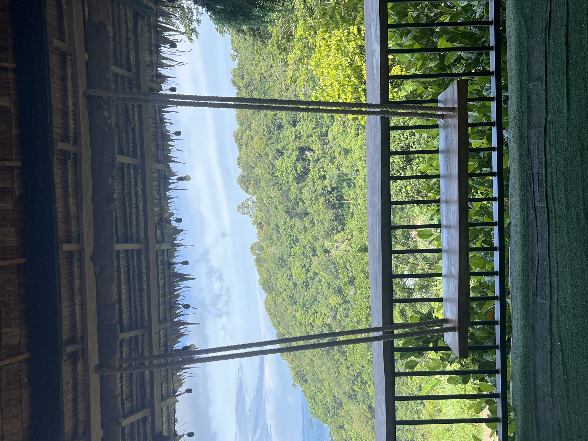 The image depicts a wooden swing hanging from a thatched roof structure, overlooking a lush, green hillside. The swing is suspended by two thick ropes and has a simple wooden seat. A dark railing runs along the edge of the structure, behind which dense foliage is visible. The hillside in the background is covered in vibrant green trees and vegetation, suggesting a tropical environment. In the distance, a body of water can be seen with a small island. The sky above is partly cloudy. The location is identified as a cafe or restaurant in Chalong, Thailand, likely offering a scenic view. There are no people or animals visible in the image. The overall scene conveys a sense of tranquility and natural beauty.