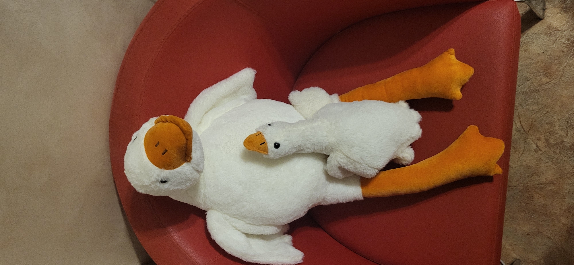 Two plush toy geese, one significantly larger than the other, are positioned on a red chair. The larger goose is white with an orange beak and feet, and it cradles the smaller white goose, which also has an orange beak. The geese are soft and appear to be made of fuzzy material. The chair is a rich, deep red and has a slightly worn texture, suggesting it may be leather. The background is a plain, textured wall in a neutral, beige tone. The floor beneath the chair is a mottled brown and grey surface. The scene is indoors and appears to be a home environment. The image does not provide any information about the city of Almaty, Kazakhstan.