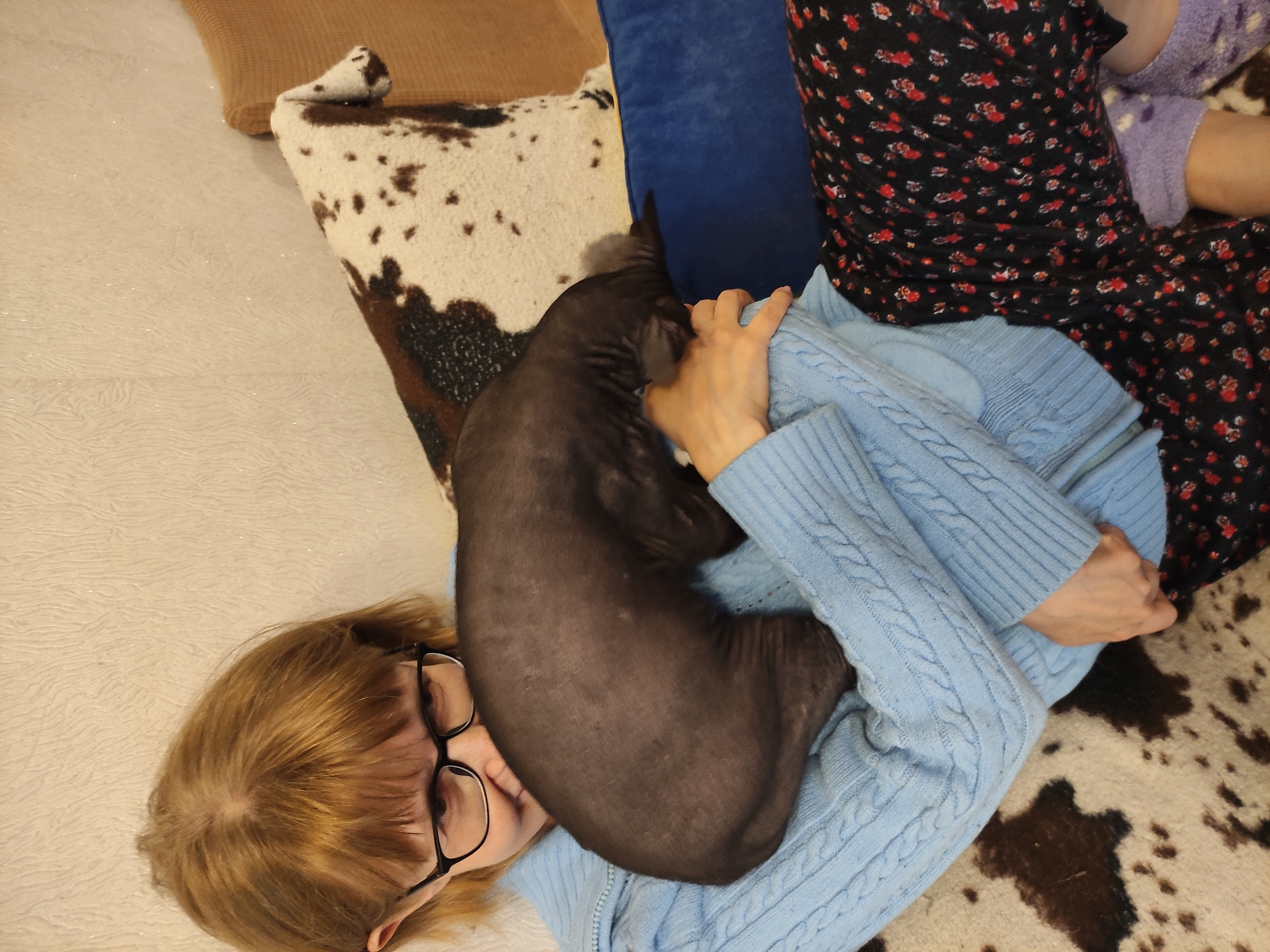 A person with shoulder-length, blonde hair and glasses is lying on a white surface with a textured pattern. They are wearing a light blue, zipped-up cardigan. A hairless, dark-skinned dog is lying on the person's chest. To the side of the person and dog is a pillow with a black and white cowhide pattern. Further back, there is a blue pillow and a person wearing a black dress with a small red floral pattern. The scene is indoors. There is no information available to determine the location in the city of Pavlodar, Kazakhstan.