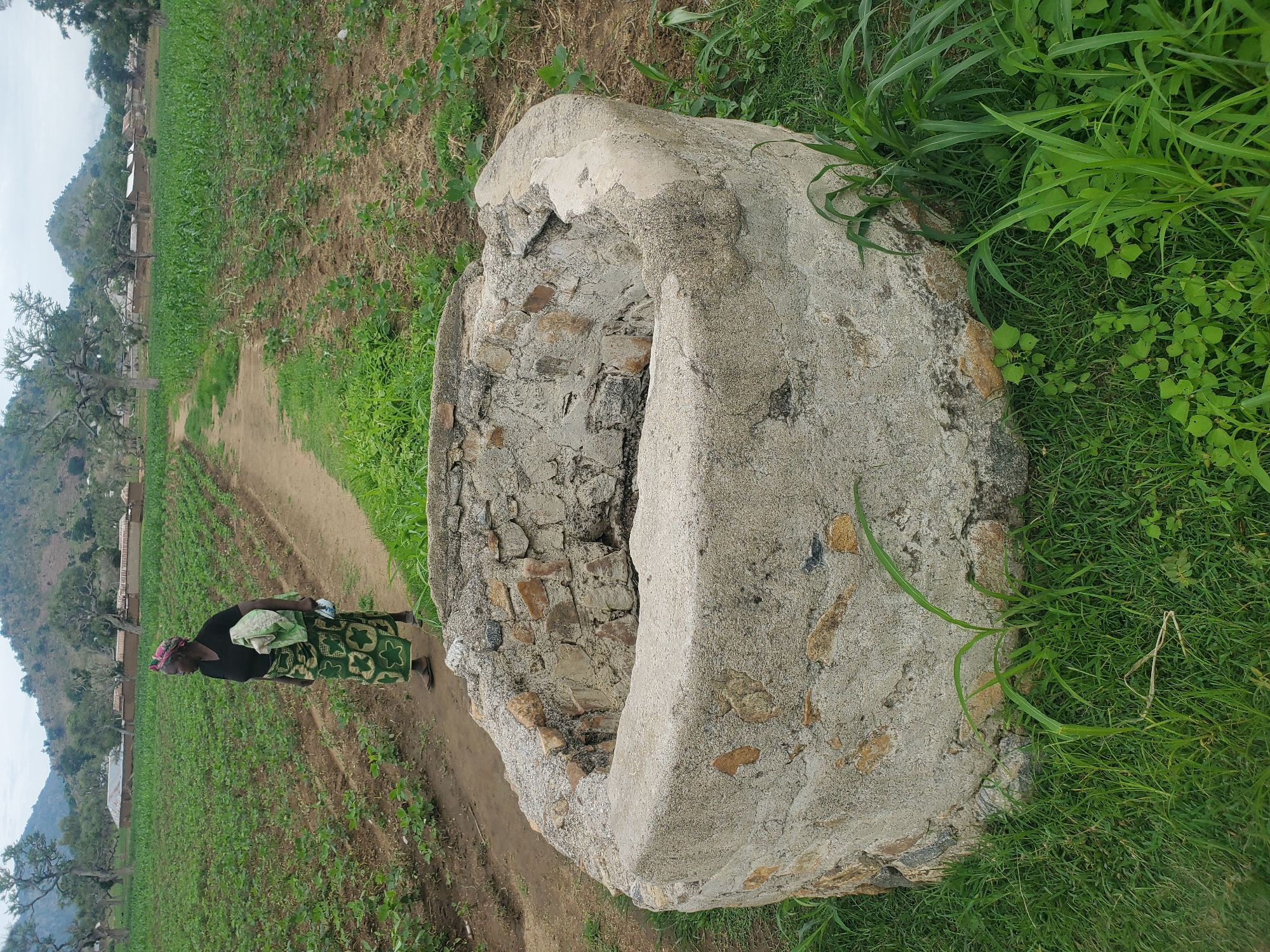 In Kabwir, Nigeria, an older woman in a black shirt and a green and white patterned skirt walks on a dirt path. She carries a light green cloth over her left arm. To her right is a well with a stone and concrete rim, overgrown with grass around its base. Behind the well, the path continues into a cultivated field of young green crops. In the distance, houses with corrugated roofs are visible among scattered trees, and hills form the backdrop under a cloudy sky.