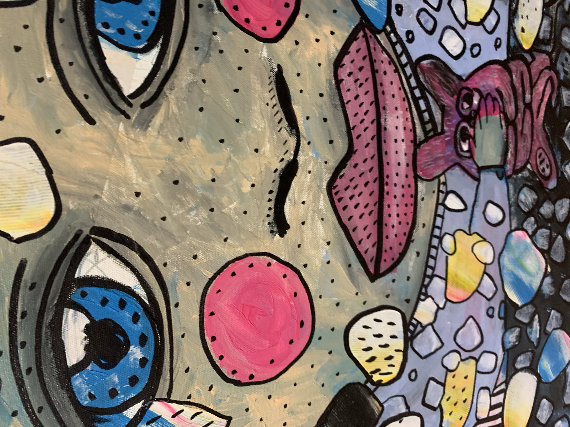 This is a close-up, colorful, abstract painting of a face with large blue eyes, pink circles on the cheeks, and pink lips. The face is outlined in black and dotted with black spots. Below the face is a small, purple, rabbit-like creature wearing a light green mask. The background is a mosaic of abstract shapes in various colors, including blue, grey, yellow, and white. There are no discernable landmarks or elements that would indicate a specific location within the city of Kirov, Russia. The artwork appears to be a canvas painting with a textured surface.
