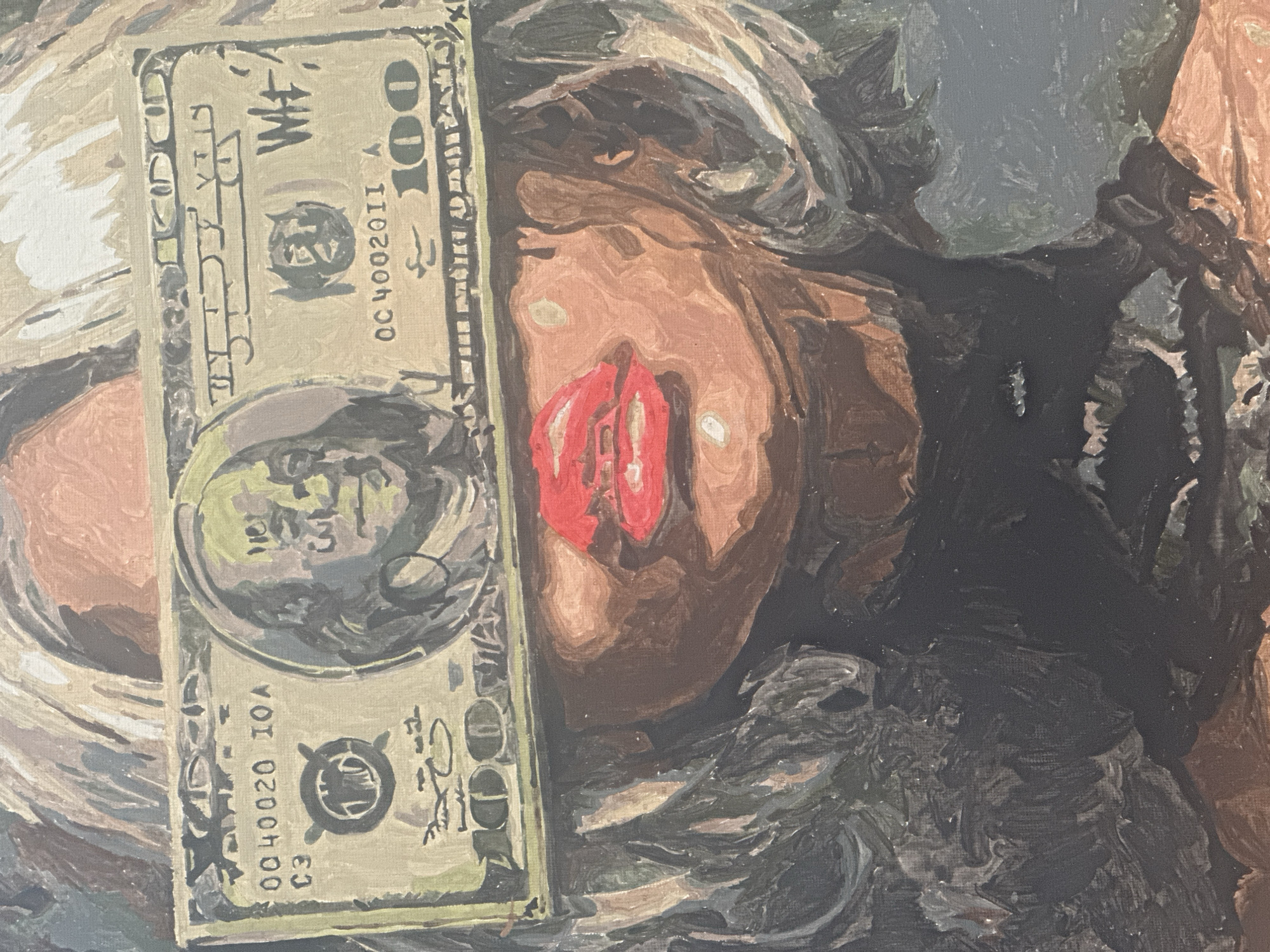 The image is a close-up of a painting. It depicts a person's face with red lips, positioned next to a hundred-dollar bill. The bill is a stylized representation, bearing the number 100. The background and surrounding areas consist of painted brushstrokes in varying shades of brown, grey, and black. The style of the painting is impressionistic and lacks photorealism. There is no evidence to suggest any connection to Высокий, Russia.