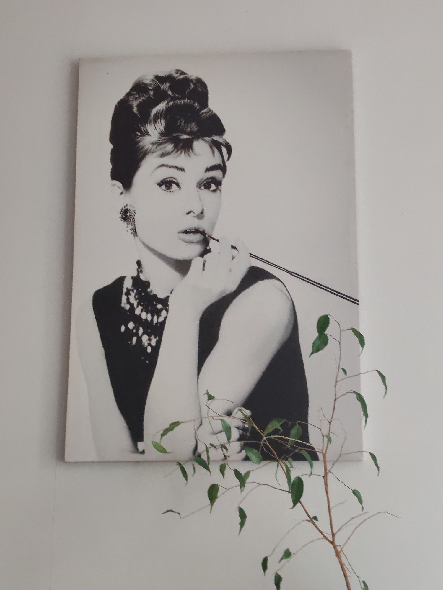 A large, black and white portrait of actress Audrey Hepburn, depicted in her iconic "Breakfast at Tiffany's" pose, is centrally positioned on a plain, light-colored wall. Hepburn faces slightly right, with her gaze directed upwards and right, and her mouth slightly agape. She holds a long cigarette holder to her lips with her right hand. Her hair is styled in an elaborate updo, and she wears a dark, sleeveless garment with a prominent, ornate necklace and a large, decorative earring on her visible left ear. The portrait's background is a uniform light tone. Below and to the right of the portrait, partially obscuring its lower edge, stands a slender plant with multiple thin, brown stems and sparse green leaves. The overall scene suggests an indoor environment.