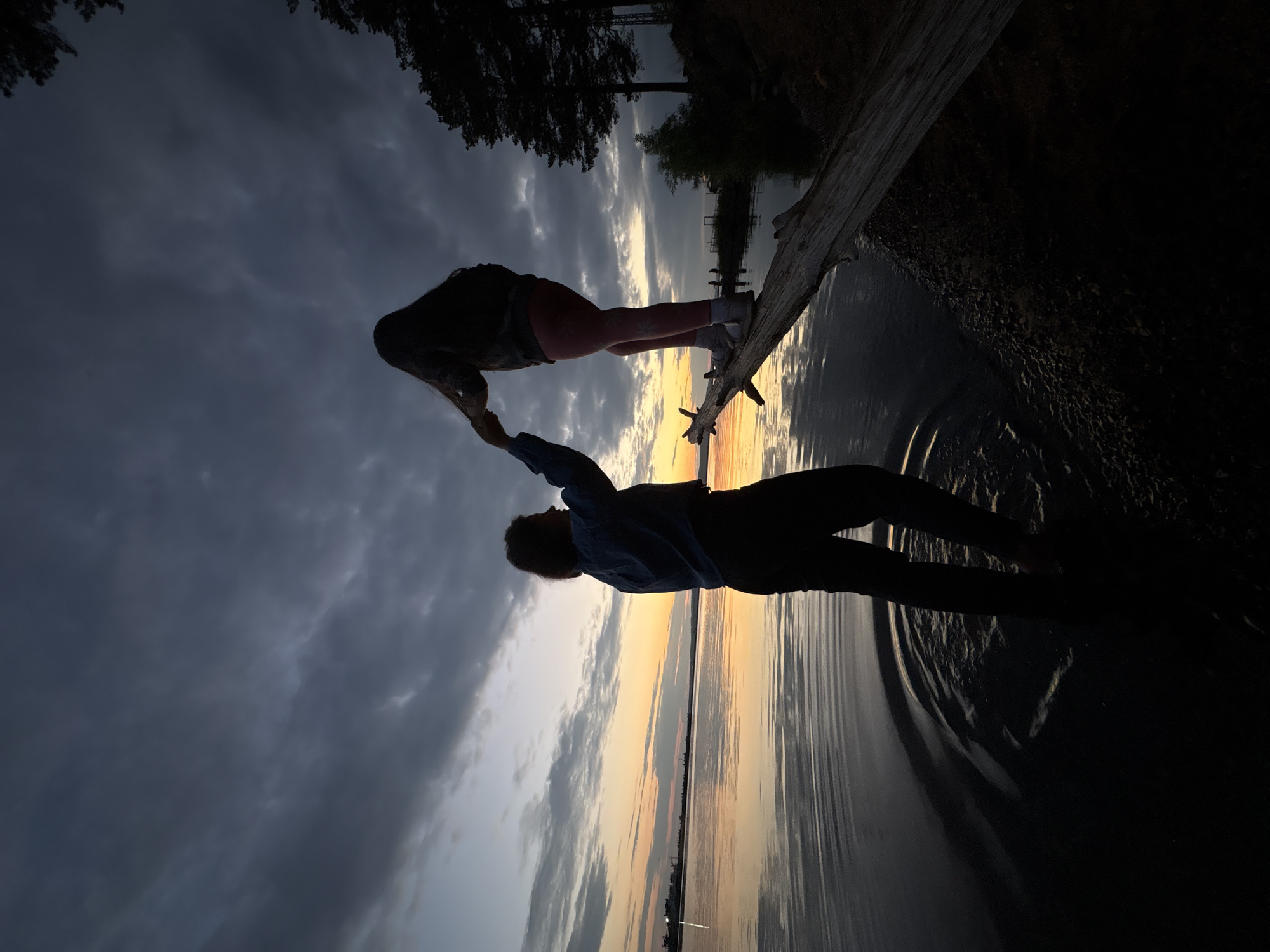 At dusk, two people are silhouetted as they balance on a fallen tree trunk that extends into the water. The person closer to the viewer, facing away and looking towards the water, is holding hands with the second person, who is further out on the log and facing the same direction. The sky is filled with dramatic clouds, and the setting sun casts a warm glow on the water's surface. Trees are visible on the right side of the frame, and a distant shoreline with structures can be seen across the water. The overall scene captures a moment of connection and adventure by the water at twilight.