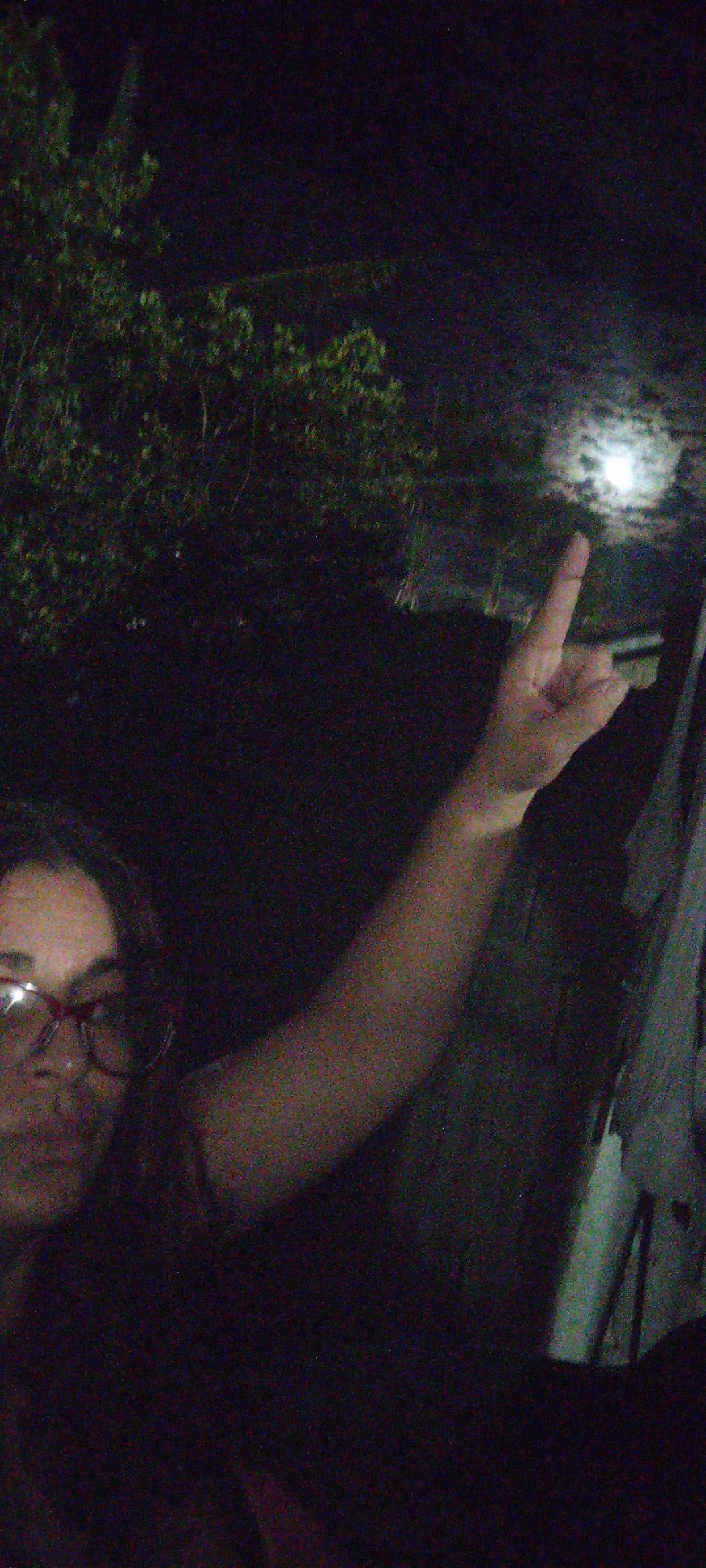The image shows a person wearing glasses with their face partially visible in the lower left corner. Their arm is extended upwards towards a bright light source, possibly the moon, in the upper right quadrant. The background includes dark foliage on the left side. To the right, there appears to be a partially visible, light-colored object. The image quality is poor, with significant noise and low overall illumination. The location is unknown.