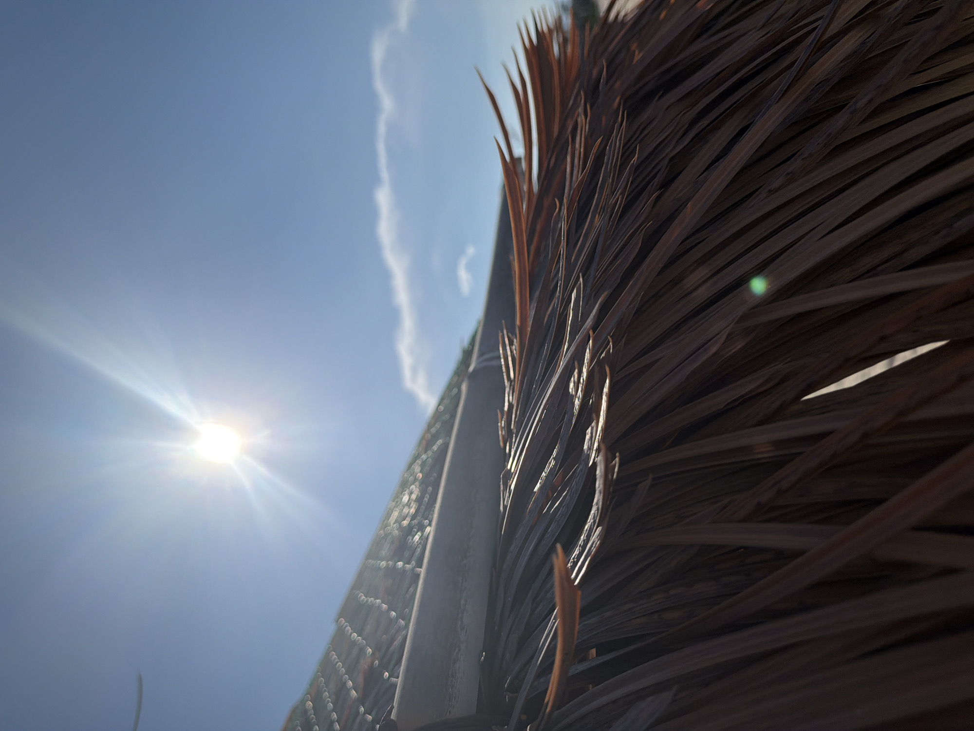 The image is a close-up shot of a thatched roof, likely from a beach umbrella or hut, with dried palm leaves dominating the foreground. The sun is bright and high in the sky, casting a lens flare that radiates outwards. The sky is a clear blue with a few wispy white clouds. The texture of the dried leaves is rough and varied, with some appearing reddish-brown and others a darker brown. In the background, there is a hint of a beach scene, with what appears to be sand and possibly distant structures, suggesting an outdoor location. The image's perspective is angled, looking up towards the sky from beneath the thatch. The location in Bac Cam Ranh Ward, Vietnam, implies a tropical or coastal setting where such thatched structures are common.