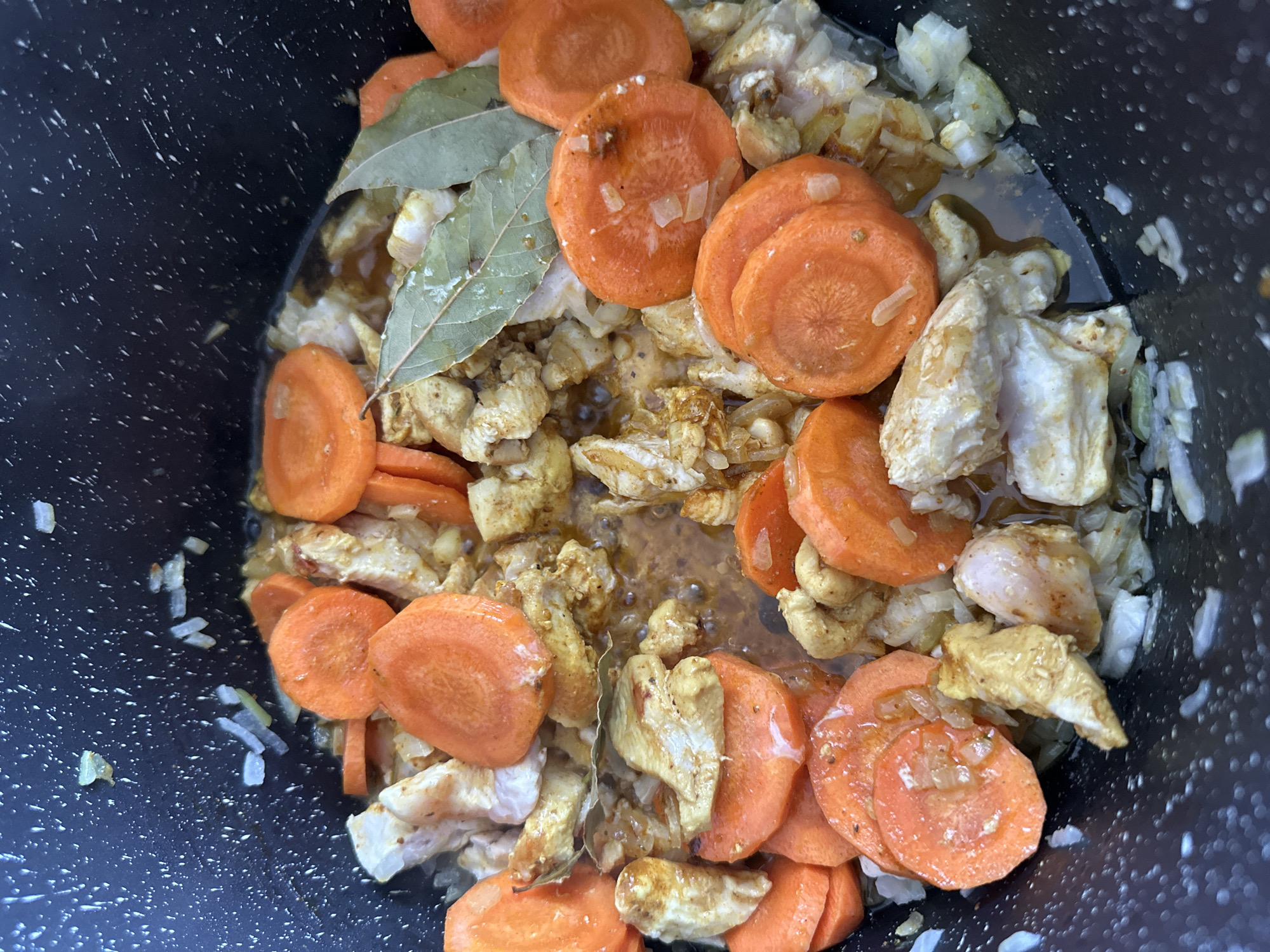 A top-down shot depicts a dark pot containing a stew-like mixture of sliced carrots, diced chicken, onions, and bay leaves. The pot has a speckled interior. The food appears to be cooking or has recently been cooked. The location is Unknown, Unknown.