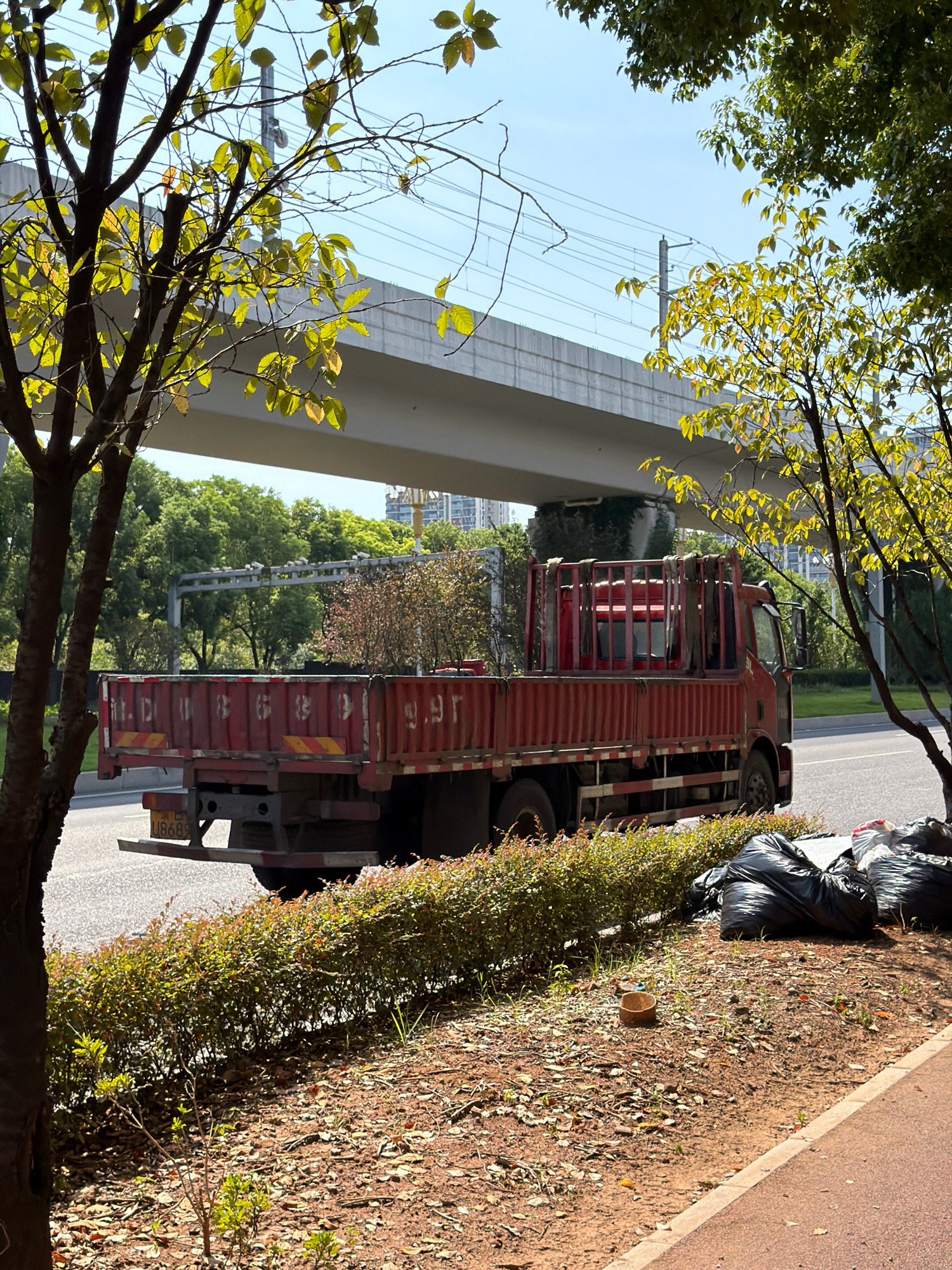 The image shows a red flatbed truck parked on a road in Jiangjin, China. The truck is empty and appears to be stationary. Behind the truck, there is a large concrete overpass, likely part of a highway or elevated railway, with power lines running across it. The environment is semi-urban, with trees and vegetation lining the road. Several large black trash bags are piled up on the side of the road near the truck. The sky is clear and blue, suggesting daytime. The truck's license plate is visible, showing "U1B689". The area appears to be a roadside, possibly near a park or residential area given the presence of trees and a paved walkway in the foreground.
