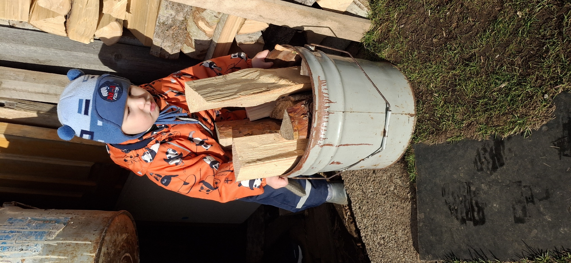 A young child is placing pieces of firewood into a metal bucket in Chaikovsky, Russia. The child, wearing an orange coat with panda designs and a blue knitted hat with pom-poms, is positioned to the left of the bucket. The bucket, which appears to be an old metal container, is filled with various pieces of wood. A stack of firewood is visible in the background. The bucket is resting on gravel next to an area of grass. A portion of a rusty metal object is also visible in the lower left corner.