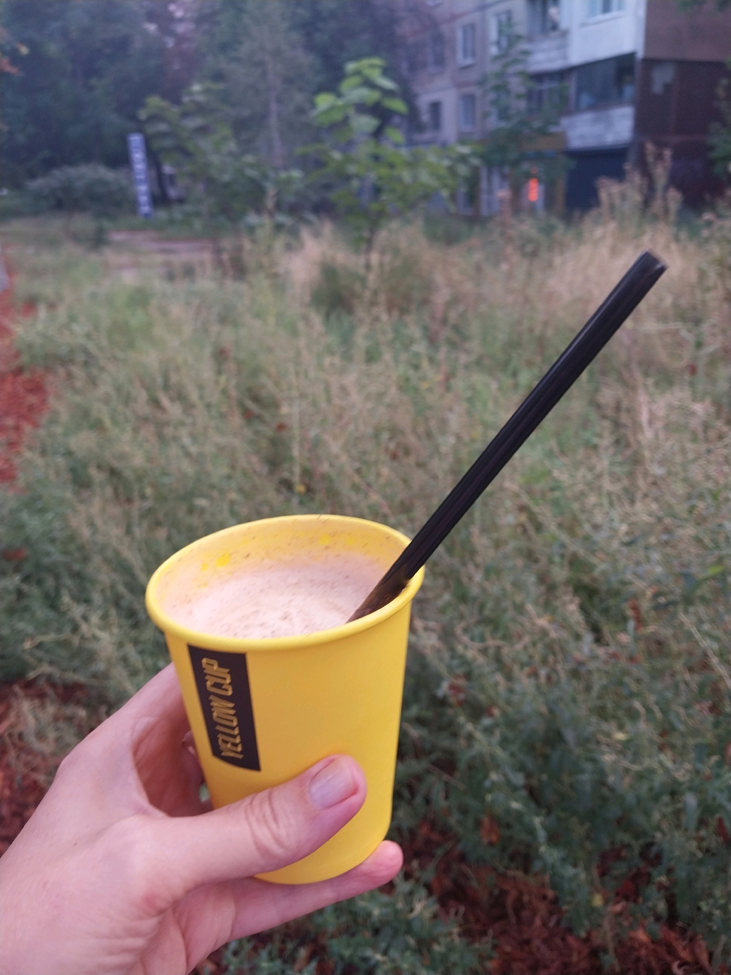 A hand holds a bright yellow disposable cup with a black straw, containing a foamy, light-brown beverage. The cup has a black label with the text "YELLOW CUP" printed vertically. The background is a blurred, overgrown green and brown grassy area with some reddish-brown soil visible in the lower left. In the mid-ground, a building with multiple windows and balconies is faintly visible, characteristic of urban apartment blocks, and a tall, dark vertical sign is present to the left of the building. The overall setting suggests an outdoor urban environment in Dnipro, Ukraine, possibly a park or a street-side area with unkempt vegetation.