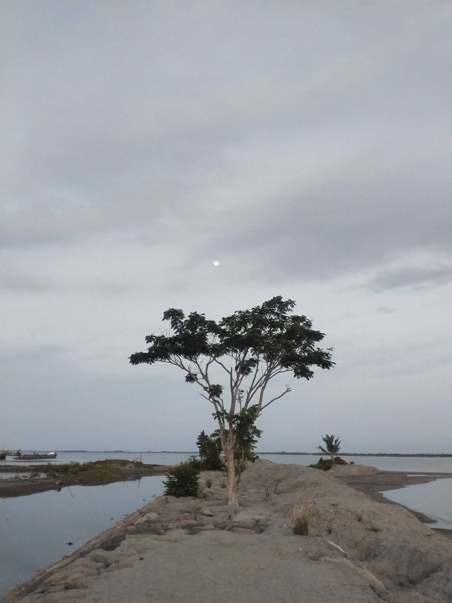 The image depicts a coastal landscape in Lhokseumawe, Indonesia. In the foreground, a sandy embankment stretches out into the water. A single tree with a broad canopy stands prominently on the embankment. Further out, there are other smaller islands with sparse vegetation, including a palm tree. The water is still, reflecting the overcast sky. In the distance, a few boats are visible on the water. The sky is predominantly gray with a bright moon showing through. The overall atmosphere is muted and serene.