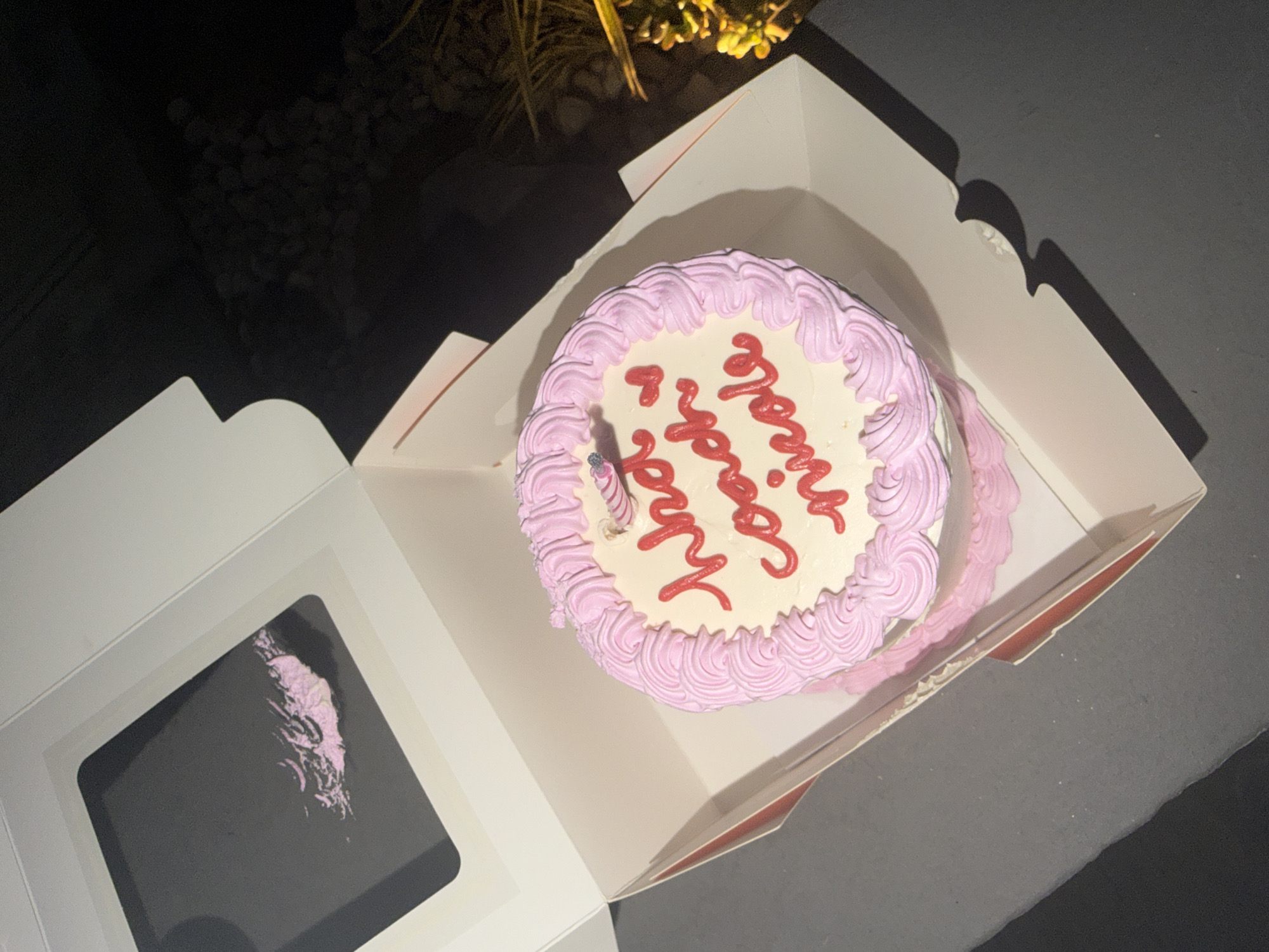 A partially opened white cardboard cake box reveals a round cake with white frosting and a pink decorative border, adorned with red cursive writing that reads "Happy Birthday." A single unlit candle is placed near the cake's edge. The box sits on a dark gray surface. The background includes dark areas with hints of plants or foliage. The location appears to be outdoors. No people are visible. No specific details indicate the location is San Bernardino Tlaxcalancingo, Mexico.