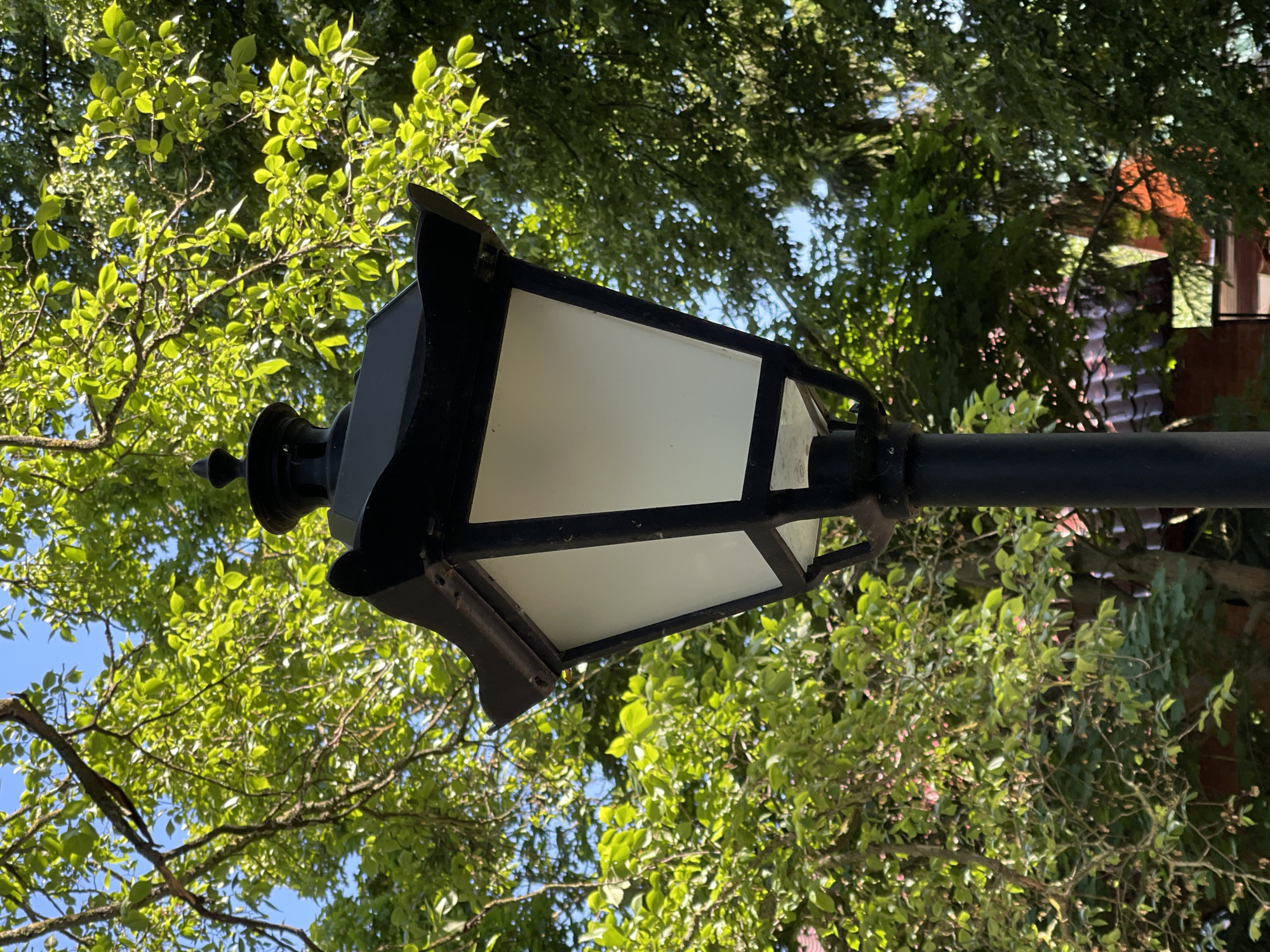 This media file is a low-angle shot of a black lantern fixture attached to a dark pole, set against a backdrop of lush green foliage and a bright blue sky. The lantern has a geometric design with white panels, and a pointed finial at its top. The surrounding trees are full of vibrant green leaves, suggesting it is daytime, likely spring or summer. The sunlight filters through the leaves, creating a dappled effect and highlighting the bright green of the foliage. In the background, glimpses of a reddish-brown building with some windows can be seen through the trees, indicating a possible residential or park setting. There is no visible text in the image. The overall impression is one of a peaceful, outdoor scene bathed in natural light. The image appears to be taken in Zelenogradsk, Russia.
