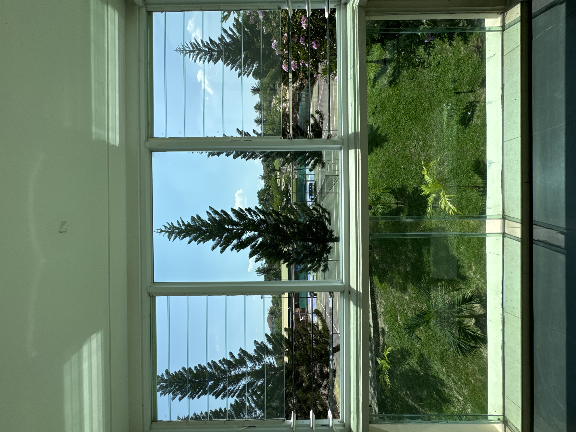 The image shows a view through a window with horizontal slats. In the foreground, there is a white window frame. Beyond the window, there are several large evergreen trees, some of which appear to be pine trees, and some smaller palm trees in a grassy yard. In the middle ground, there is a tennis court with blue and green surfaces and white lines, surrounded by a fence. In the background, there are more trees, some buildings with light-colored roofs, and a clear blue sky with scattered clouds. The scene appears to be outdoors, likely in a residential or resort area, with lush vegetation and recreational facilities. The image does not depict any specific location in Phu Thuy, Vietnam, or any people.
