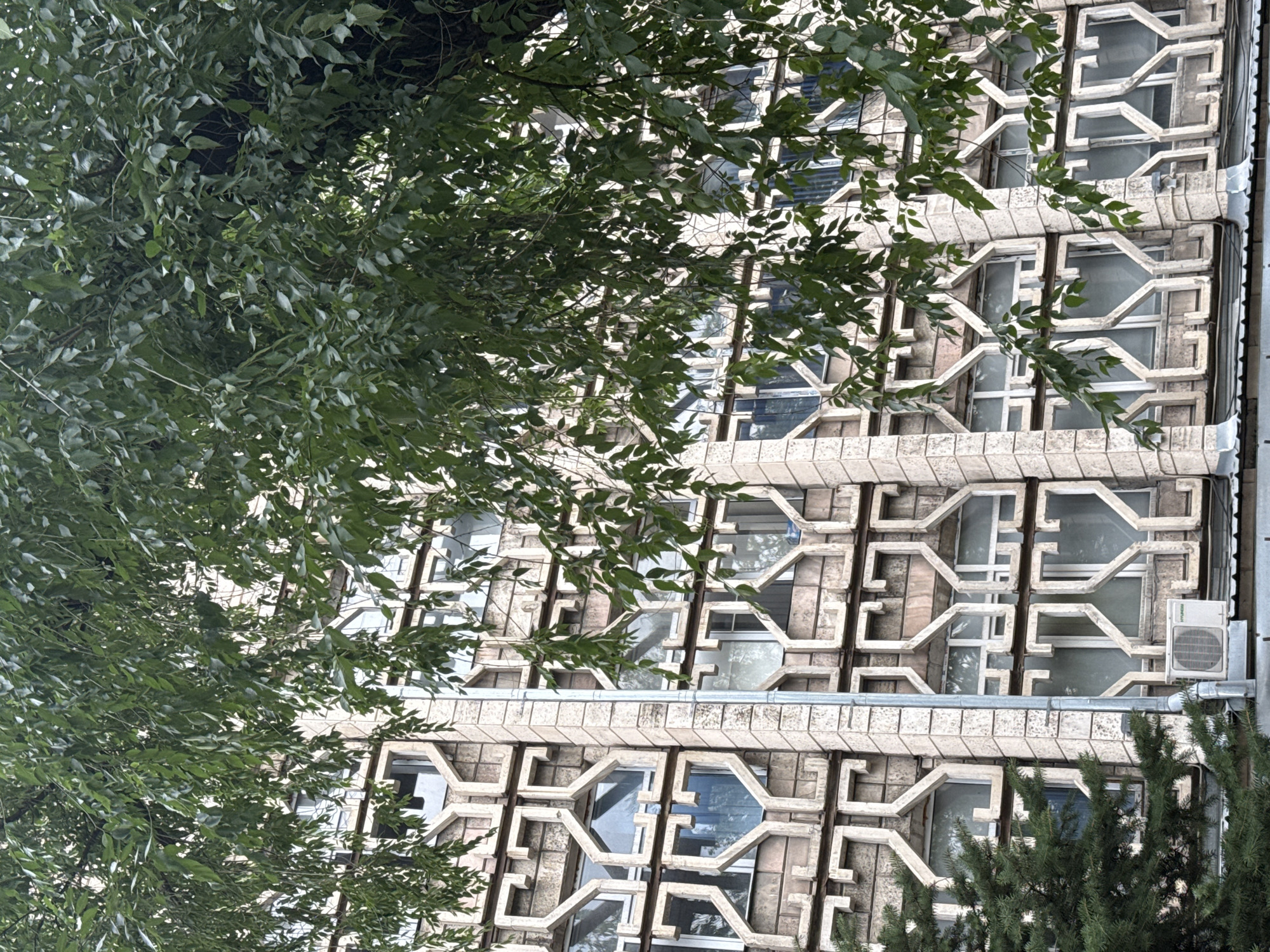 This image shows the facade of a building with an ornate, geometric design. Large trees with lush green leaves partially obscure the view of the building's windows and decorative elements. The building appears to be made of concrete or stone, with a repetitive pattern of angular shapes framing the windows. Some of the windows are visible behind the foliage, reflecting the sky or surrounding environment. An outdoor air conditioning unit is mounted on the side of the building. The lighting suggests it is daytime, with diffused light indicating possibly overcast conditions or shade from the trees. The overall impression is one of a slightly aged, architecturally interesting building integrated with its natural surroundings. The presence of an air conditioning unit and the style of the building might suggest an urban setting in a region with warm summers. The context of Almaty, Kazakhstan, further points to a possible Soviet-era architectural style given the decorative concrete elements and the geometric patterns.