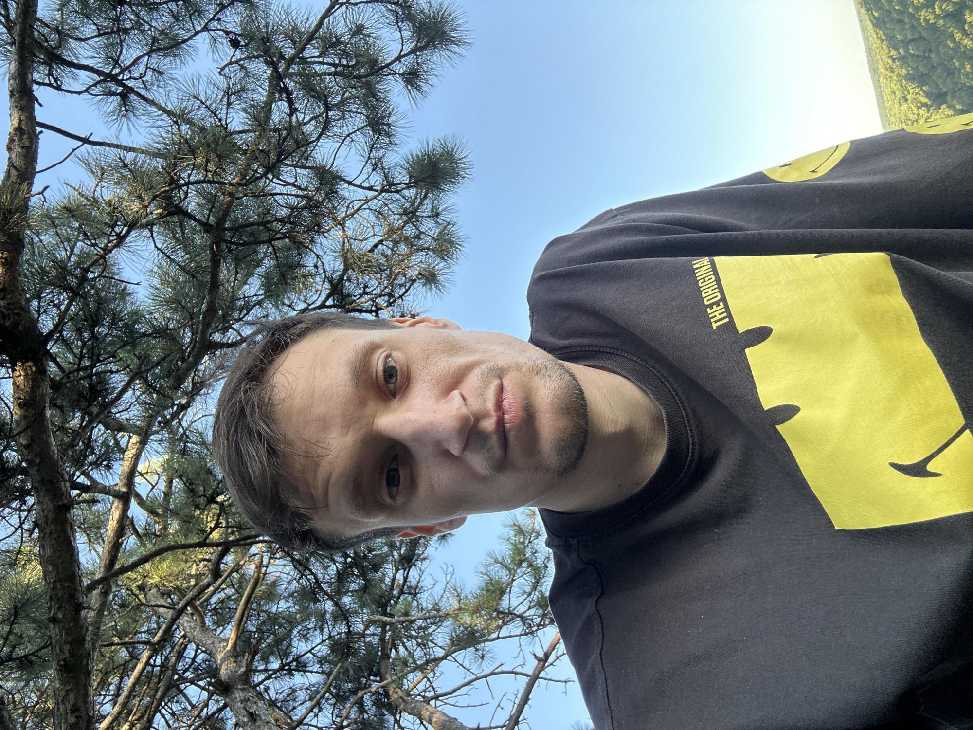 A man is taking a selfie outdoors, looking directly at the camera. He is wearing a black long-sleeved shirt with a yellow smiley face graphic and text that reads "THE ORIGINAL". He has short, dark brown hair and stubble on his chin. Behind him, there are branches and green needles of a conifer tree against a clear blue sky. In the distance, a lush green valley can be seen, suggesting a rural or natural environment, potentially on the outskirts of Pryvorottia Druhe, Ukraine. The lighting suggests it is daytime, possibly late afternoon due to the soft light.