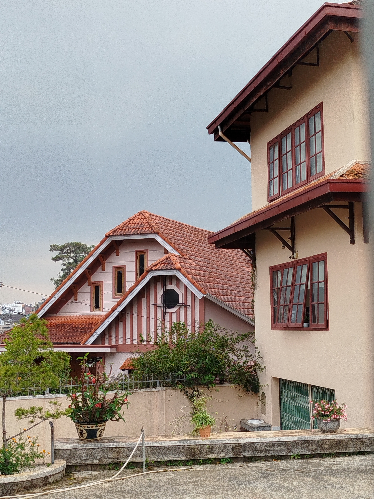 The photograph shows two buildings in Da Lat, Vietnam. The building on the right is beige with a brown roof and brown window frames. Two windows are visible; the bottom window is partially open. The building on the left is pink and white with a red tile roof. There are several windows on this building. A gray sky is visible in the background. A low wall and various potted plants are in the foreground. The overall scene appears to be a residential area with unique architectural styles.