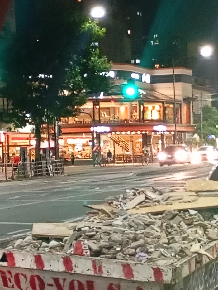 Night street scene. A tree stands beside a building with illuminated windows and a sign, under a bright streetlight. The traffic light is green. Cars are on the road, headlights visible. In the foreground, a container labeled "ECO-VOL" is filled with rubble and debris, obscuring part of the view.
