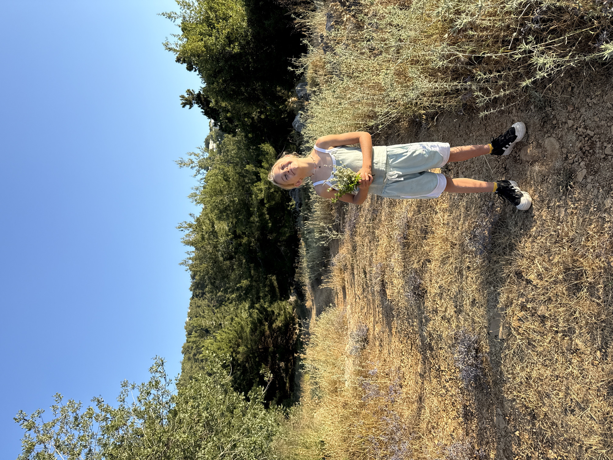 A young blonde girl, wearing a light blue tank top and shorts with white trim, stands in a sunlit, dry grassy area. She holds a small bouquet of white flowers. Her head is tilted back, and she appears to be smiling. She is wearing black and white sneakers and yellow socks. The ground is a mix of dirt and dry grass. In the background, there are trees and a clear blue sky. The scene suggests a natural, outdoor environment, potentially a park or a hiking trail, given the dry vegetation and the path. While the exact location is not visually identifiable as Kfar Vradim, Israel, the setting is consistent with the natural landscapes found in such an area.