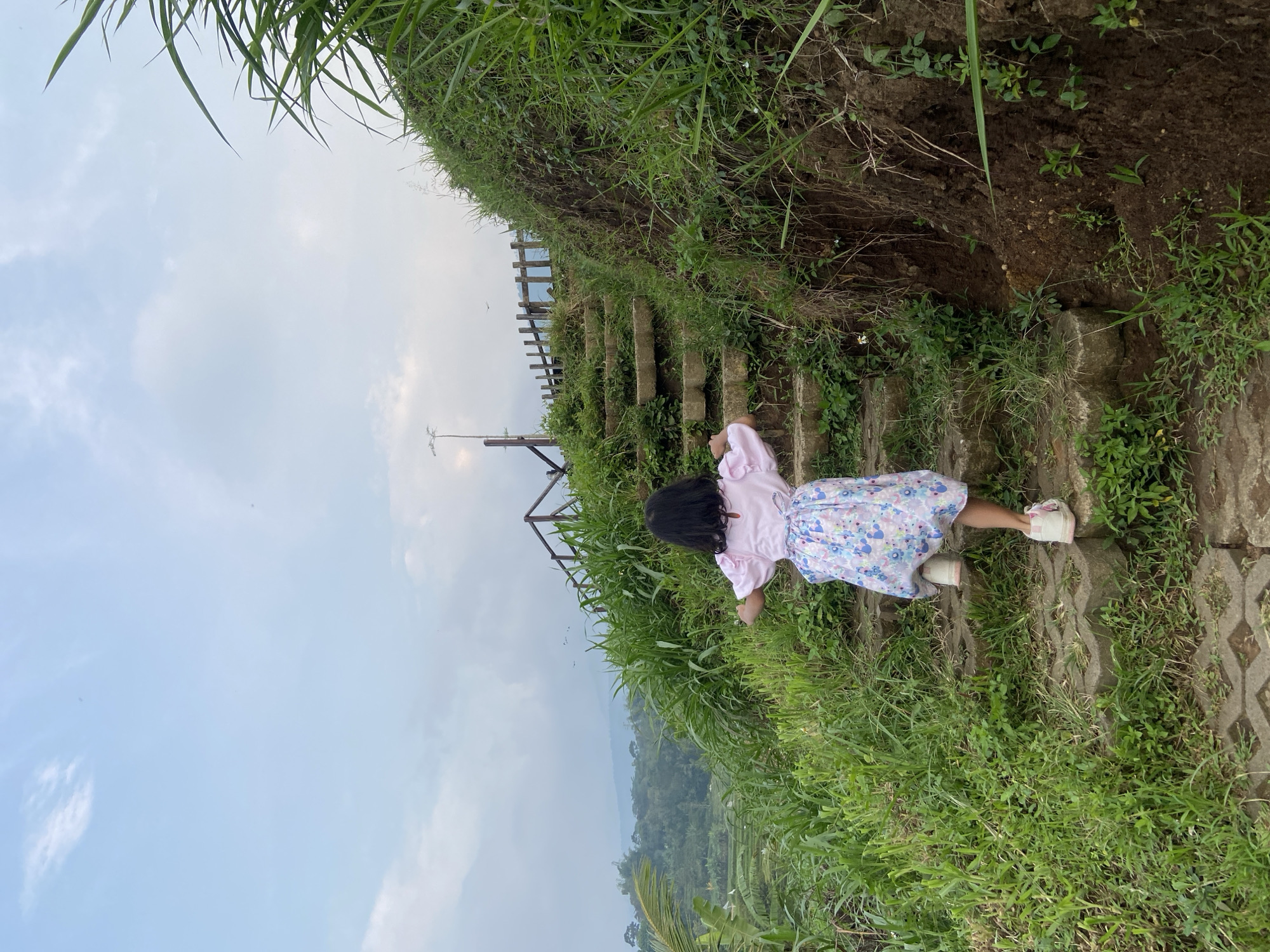A young girl with dark hair, wearing a light pink shirt and a floral-patterned dress, is ascending a weathered set of stone stairs in Selotapak, Indonesia. The stairs are overgrown with grass and weeds. A wooden fence and a wooden structure are visible near the top of the stairs. Lush green vegetation flanks both sides of the staircase. In the background, a landscape of terraced fields and trees extends into the distance under a cloudy sky.