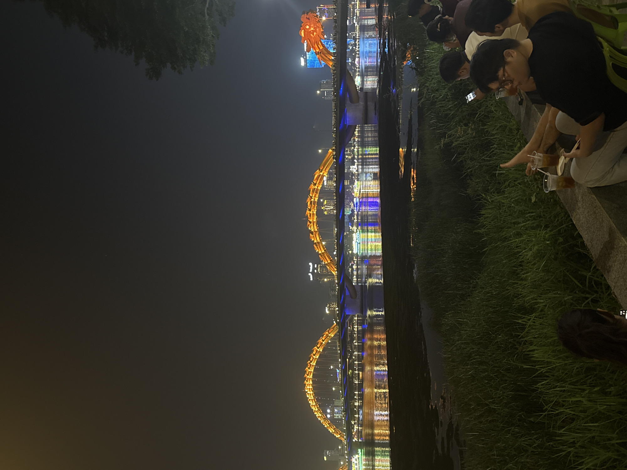 The image depicts a nighttime scene in Đà Nẵng, Vietnam, featuring the illuminated Dragon Bridge and other bridges spanning the river. A group of people are seated on a ledge near the riverbank, some holding beverages in plastic cups and appearing to interact with the environment or each other. The river reflects the lights of the bridges and cityscape. Vegetation grows along the riverbank. The sky is dark, suggesting the scene is captured at night.