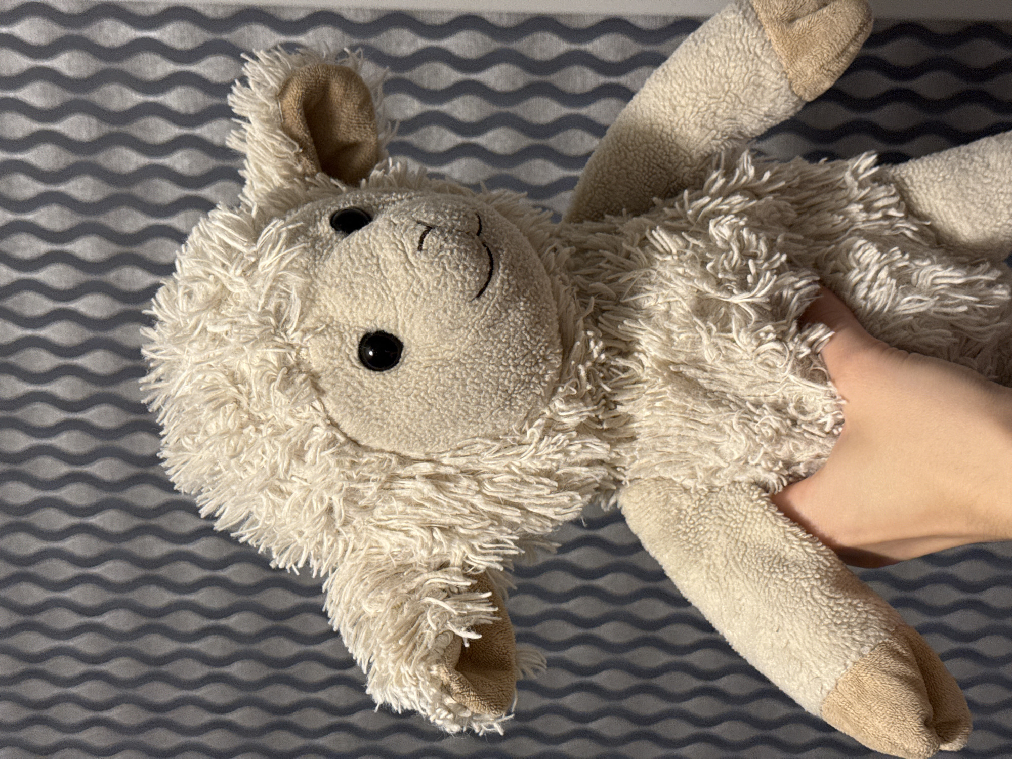 A stuffed toy sheep is held by a person's hand against a patterned gray and white background. The sheep is light beige with shaggy fur around its head and body. It has black button eyes and a small, stitched mouth and nose. Its ears are floppy and lined with a lighter brown fabric. The background has a wavy, vertical pattern. The image does not contain any information that would allow for determining its location in Łódź, Poland.