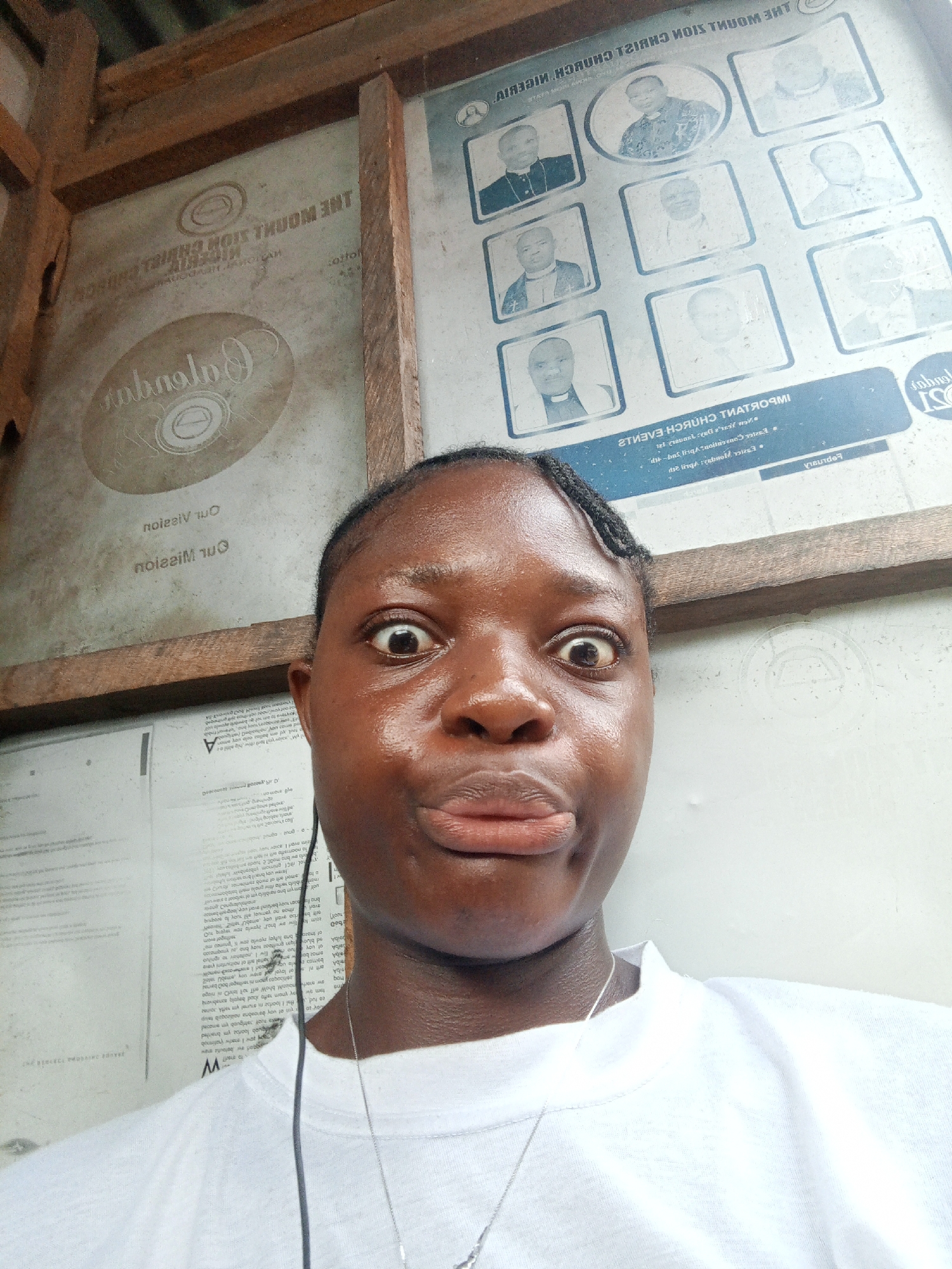 A close-up selfie shows a young person with dark skin, wearing a white t-shirt and a silver necklace, looking directly at the camera with wide, expressive eyes and puckered lips. A black earphone cord hangs down their chest.
The background consists of two large, off-white panels framed by rustic wooden beams, suggesting an indoor or sheltered outdoor setting. The panels appear to be signs or posters.
The panel on the left is heavily faded but shows text, some of which is mirrored. Visible phrases include "Our Mission" and "Our Vision." A large, oval-shaped graphic with the word "Colours" (or similar, given the mirrored text) is also discernible.
The panel on the right features a grid of nine framed photographs, primarily showing men in formal wear, likely clergy, given the context of a church. Above these photos, mirrored text reads "THE MOUNT ZION CHRISTIAN CHURCH NIGERIA." Below the photos, another section with text is visible, including the phrase "IMPORTANT CHURCH EVENTS." Details like "Ist Sunday" and dates like "April" are partially visible.
The overall scene suggests the person is taking a selfie in front of informational boards, possibly within or near a church building in Mbribit, Nigeria.