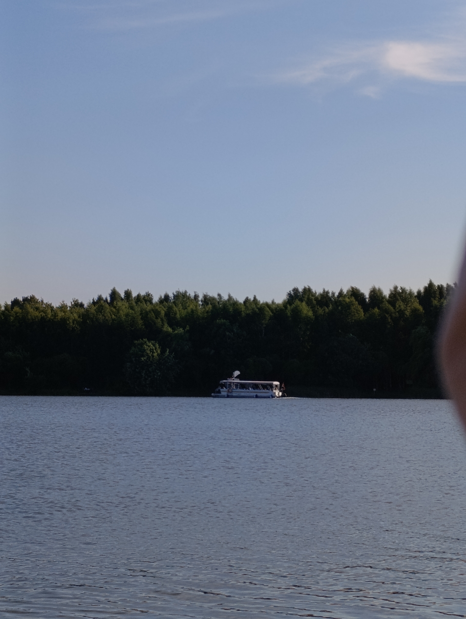 A wide shot captures a calm body of water with a distant treeline and a boat. The sky above is a pale blue with wispy clouds. In the mid-ground, a white tour boat with a dark roof navigates the water, moving from left to right. The boat appears to have multiple windows and a small deck area at the back. Behind the boat, a dense, dark green forest lines the horizon, with the tops of the trees creating a slightly uneven silhouette against the sky. The water in the foreground is a deep blue-grey, with subtle ripples indicating a gentle current or breeze. The overall scene suggests an outdoor recreational setting in natural surroundings.