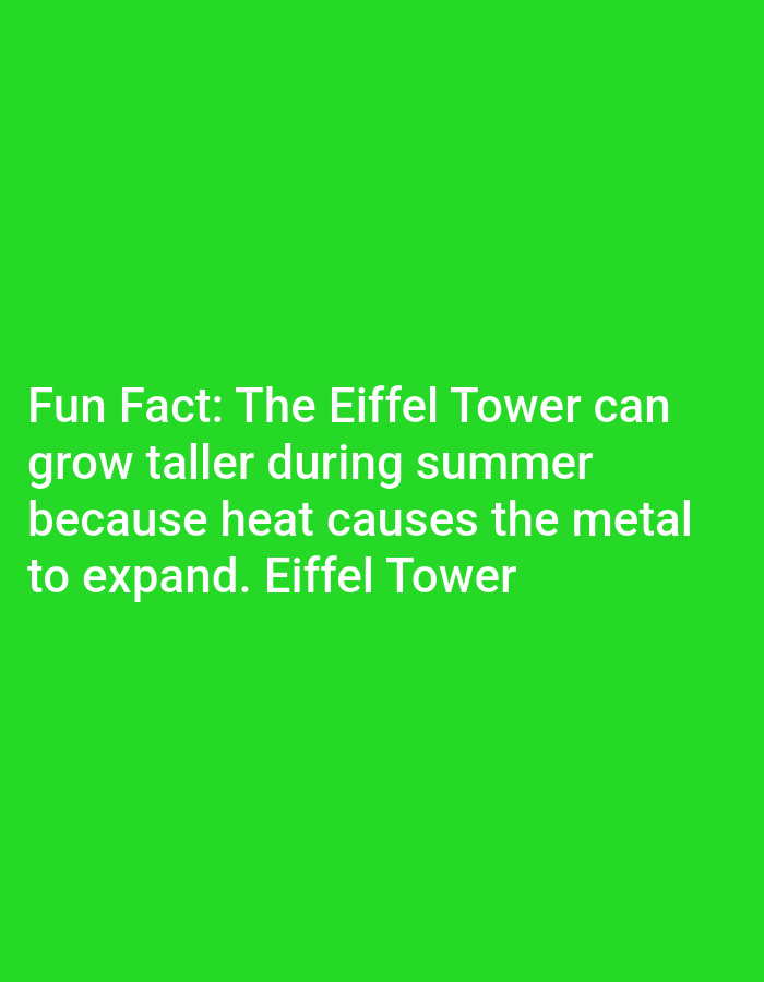 The image is a plain green background with white text. The text reads "Fun Fact: The Eiffel Tower can grow taller during summer because heat causes the metal to expand. Eiffel Tower". There is no depiction of the city of Lagos, Nigeria, nor any people, subjects, objects, actions, interactions, or environmental details related to Lagos, Nigeria. The image is solely text on a solid color.