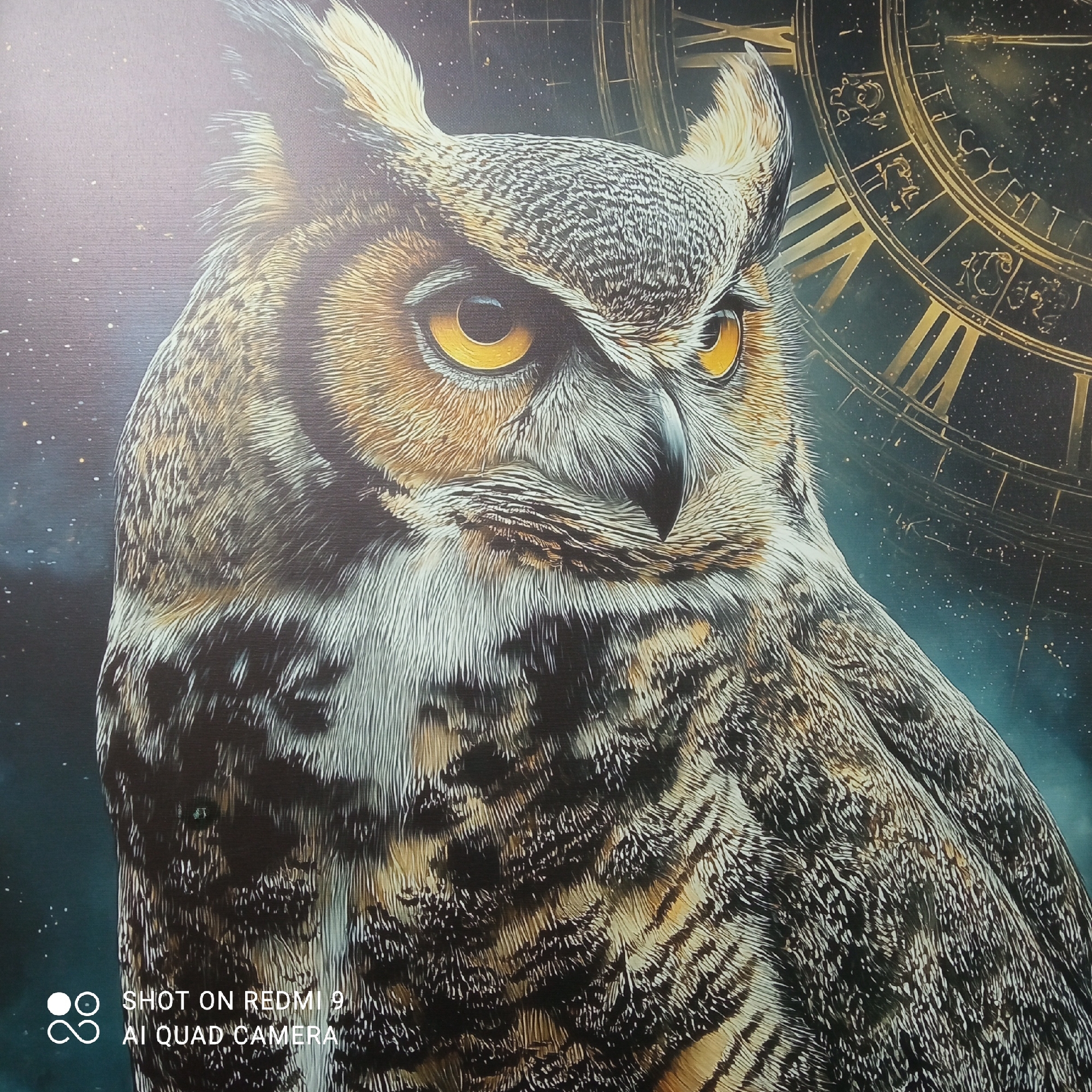 The image is a close-up of a painting or print featuring a Great Horned Owl. The owl is the primary subject, with a detailed depiction of its feathers, sharp yellow eyes, and characteristic tufts. In the background, there is a faint image of a clock face with Roman numerals against a dark, starry sky. The overall color palette is dominated by browns, golds, and blacks, with subtle blues in the background.
The image includes a watermark that reads "SHOT ON REDMI 9 AI QUAD CAMERA" in the lower left corner.
No information is available to suggest any location within the city of Chaikovsky, Russia. It is likely the image is not location-specific.