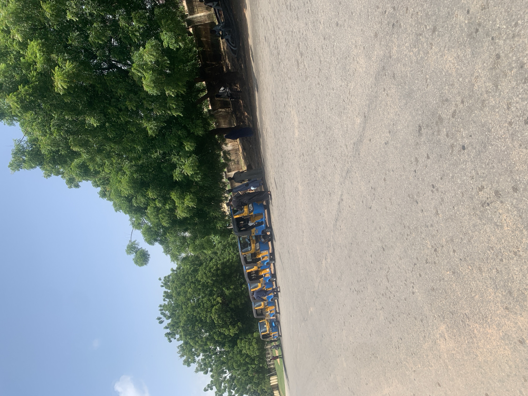 The image depicts a row of blue and yellow motorized tricycles, commonly known as "Keke Napeps," parked on a paved surface, likely a road or parking lot, in Jalingo, Nigeria. Several individuals are visible. On the left, a few people stand near the tricycles. In the center, a person in a dark shirt is walking towards the tricycles. To the right, near the parked vehicles, several individuals in traditional attire are standing and conversing. Further to the right, a person appears to be seated or leaning on a bicycle. A large, leafy green tree with dense foliage dominates the background, casting shadows on the ground. Behind the tree and beyond a low wall, a building is partially visible. The sky above is clear and blue, with a few wispy clouds. The scene suggests a public area where transportation services are offered or where people are gathering.