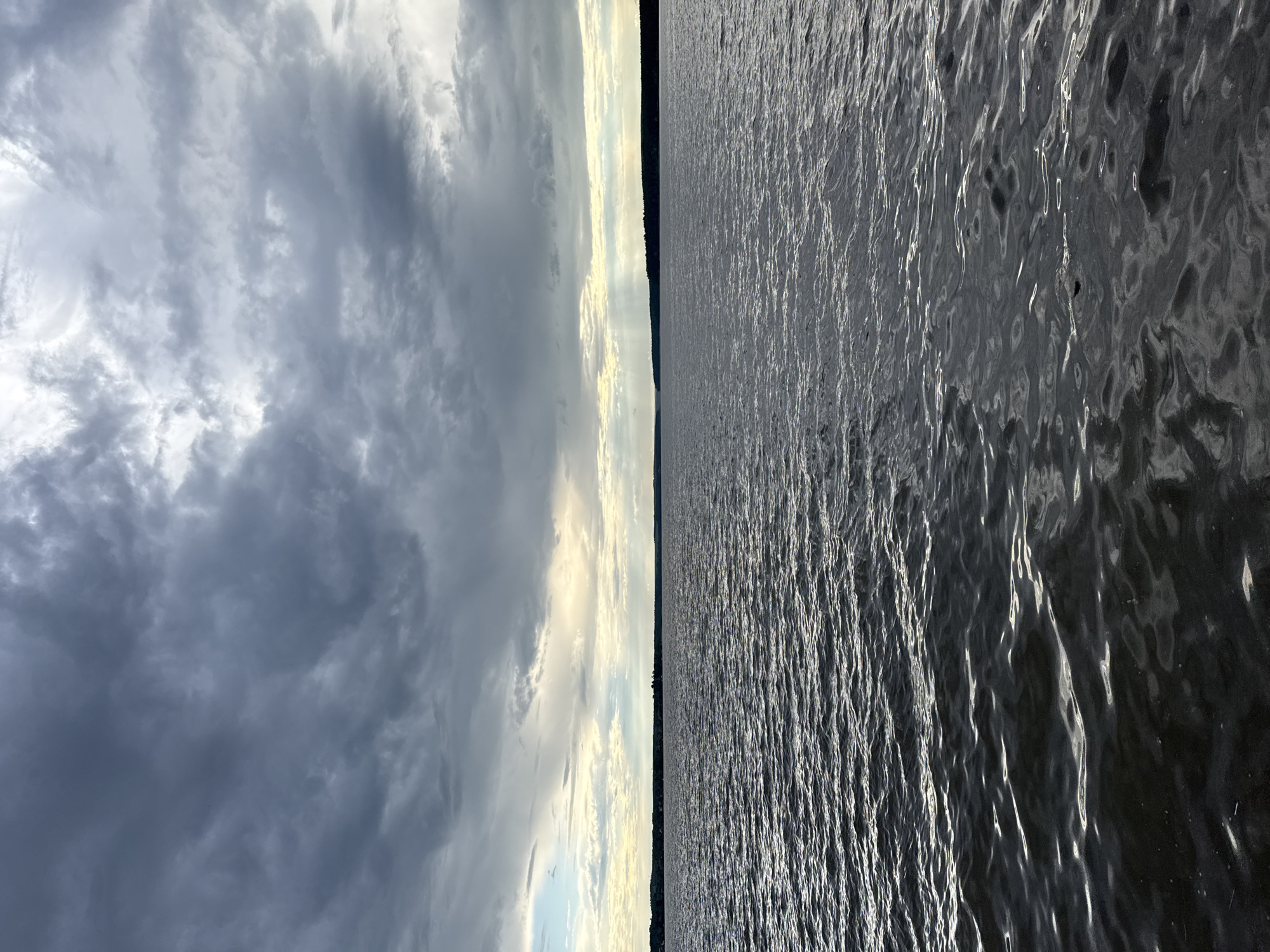 This landscape image captures a vast natural scene, divided horizontally by a distant horizon line. The upper portion of the frame is dominated by a dramatic sky filled with an array of clouds. Large, dense, dark grey clouds occupy the left side and much of the upper sky, suggesting overcast conditions or approaching weather. Towards the right side and along the horizon, breaks in the cloud cover allow golden and pale light to filter through, illuminating patches of lighter clouds and creating a striking contrast.
The lower portion of the image depicts a wide body of water, likely a lake or a large river, extending into the distance. The water's surface is textured with countless ripples and small waves, which catch and reflect the light from the sky. These reflections appear as shimmering streaks and patches of bright, silvery light against the darker, deeper tones of the water.
A narrow, dark strip of land, possibly a distant shoreline or a forested area, is silhouetted against the brighter parts of the sky along the horizon, separating the water from the sky. The overall lighting suggests either late afternoon or early evening, possibly a sunset, due to the golden hues breaking through the clouds. The scene evokes a sense of natural grandeur and tranquility. There are no visible people, man-made objects, or text. The location context provided is Votkinsk, Russia.