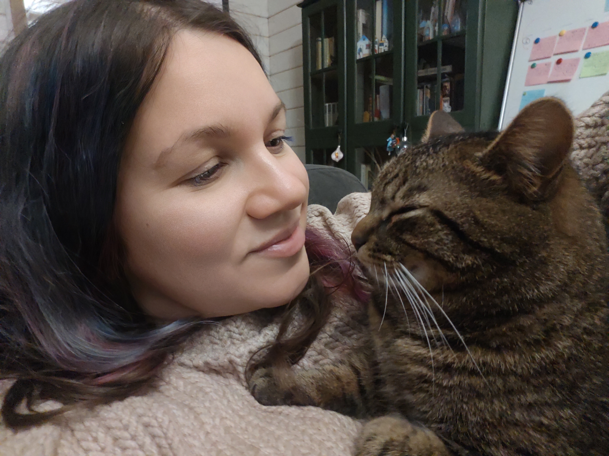 A warm-toned indoor portrait captures an affectionate moment between a young woman and a tabby cat. The woman, positioned on the left side of the frame, has long dark brown hair with subtle pink, purple, and blue highlights. She wears a light beige, possibly knitted or fleece, garment and exhibits a soft smile, looking towards the cat. Blue eyeliner is visible on her left eye.
The brown tabby cat, featuring distinct stripes and long white whiskers, is nestled closely against the woman's face and neck, its eyes appearing closed in comfort. The cat's head is turned towards the woman, suggesting a gentle rub or nuzzle, highlighting a strong bond of affection.
The background reveals details of an indoor setting. To the left, a light-colored, subtly textured wall is visible. To the right, a dark green wooden bookshelf, filled with various books and decorative items, occupies a significant portion. Further right and behind the cat, a white magnetic whiteboard adorned with numerous colorful sticky notes (primarily pink, green, and blue) and thumbtacks is present. The lighting is soft and ambient, indicative of an indoor environment. There is no clearly legible text visible in the image. The scene takes place in Свистуха (кузяевский С/о), Russia.