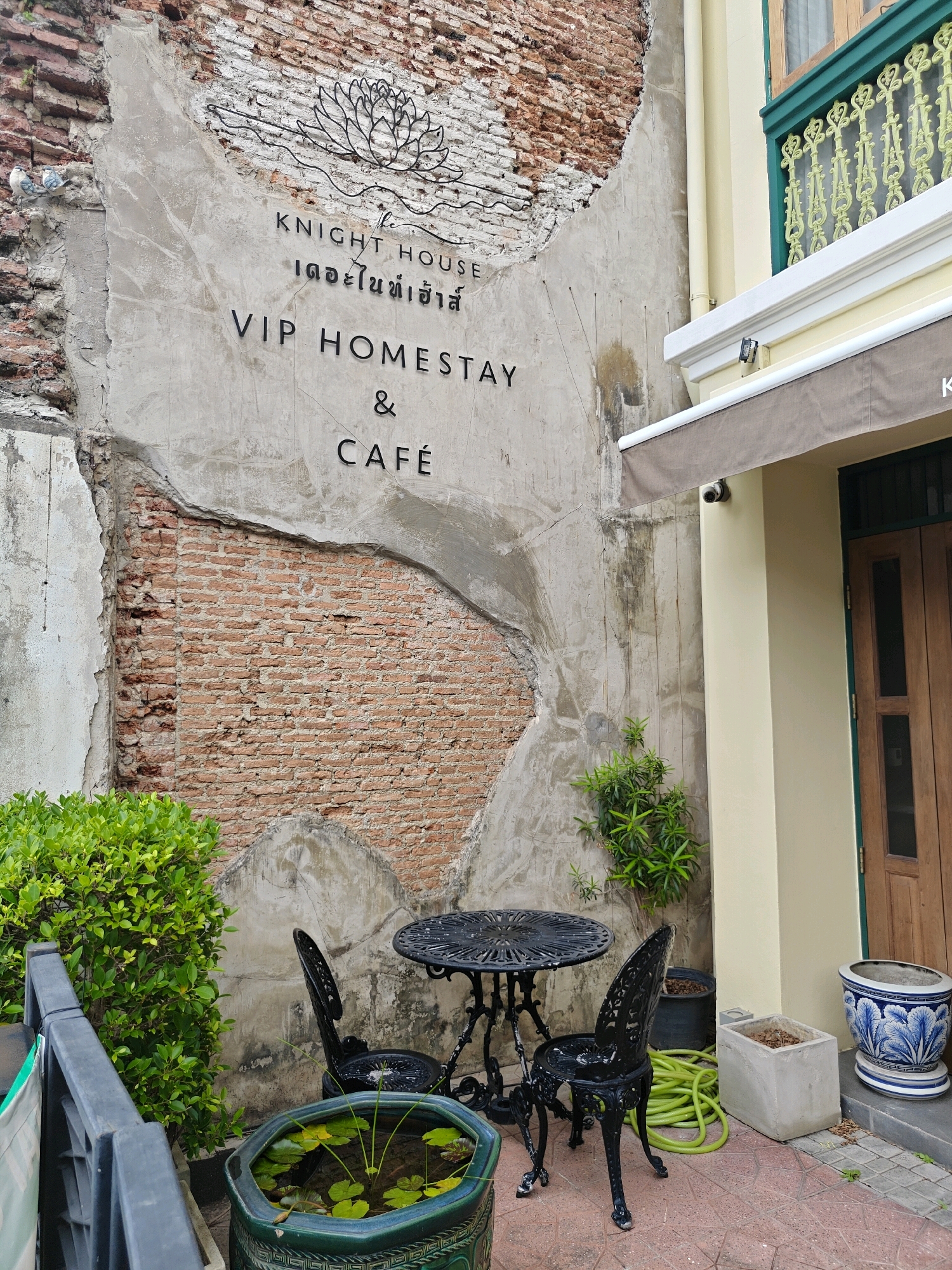 An exterior shot captures a weathered brick wall with sections of exposed brick and peeling plaster, inscribed with black lettering that reads "KNIGHT HOUSE," followed by Thai script, then "VIP HOMESTAY & CAFÉ." A stylized metal lotus flower is visible above the text. To the right, a light yellow building features a dark brown wooden door with glass panels, a green wrought-iron balcony railing, and a beige awning. In the foreground, a black cast-iron table and two chairs are set on a brick-patterned patio. A large green ceramic pot with lily pads sits to the left, and other pots, a coiled green hose, and sparse vegetation are also present. The scene appears to be in a quaint alleyway or courtyard within Bangkok, Thailand, judging by the architectural style and signage.
