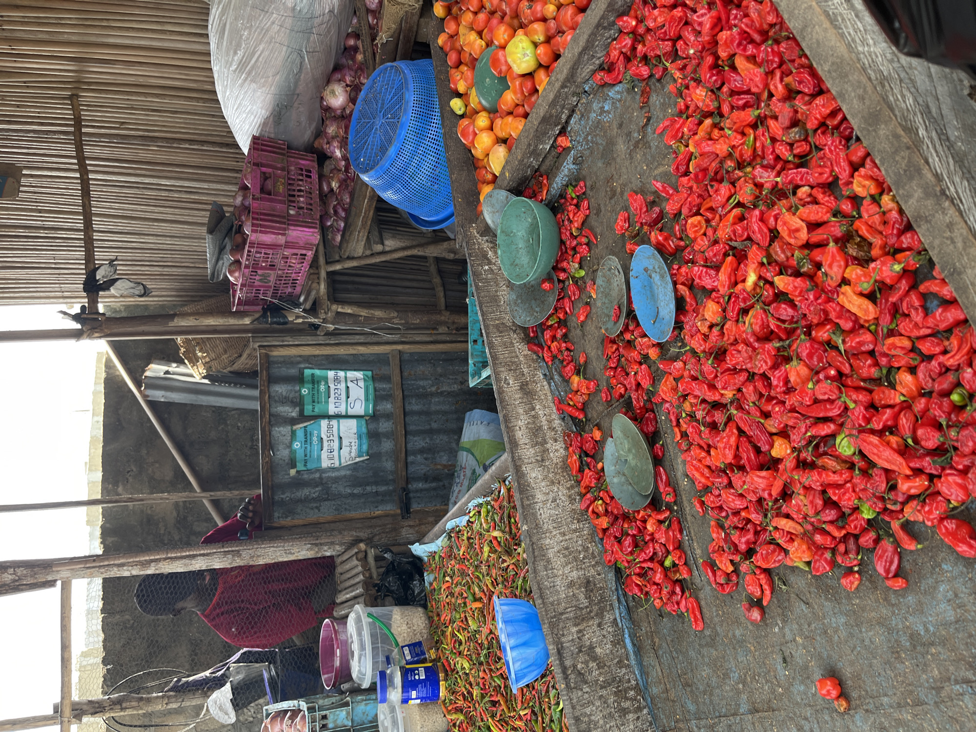 The image depicts an outdoor market stall in Badagry, Nigeria, displaying a variety of produce. Heaps of bright red chili peppers dominate the right side of the frame, alongside containers filled with tomatoes and onions. Further back, a blue plastic basket and a pink crate are visible. A person wearing a red garment can be seen near the back of the stall, behind a chicken wire fence. The stall's roof is constructed of corrugated metal, and signs advertising mobile payment options are affixed to the structure.