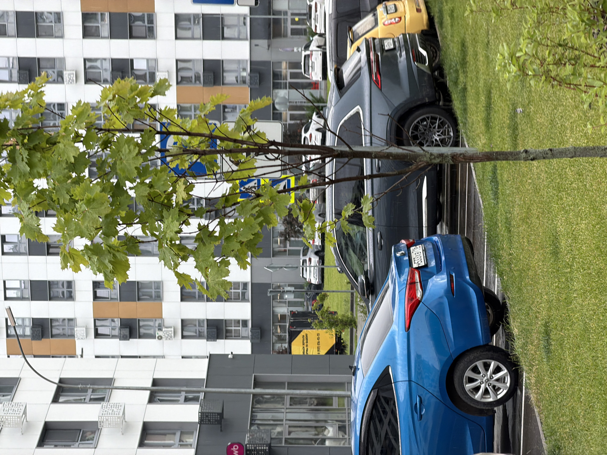 A blue sedan and a dark gray SUV are parked on asphalt. In the background, a yellow truck is parked near a white building. The trees are green and lush. The sky is cloudy, and it appears to be a rainy day. The overall scene is that of an urban environment.