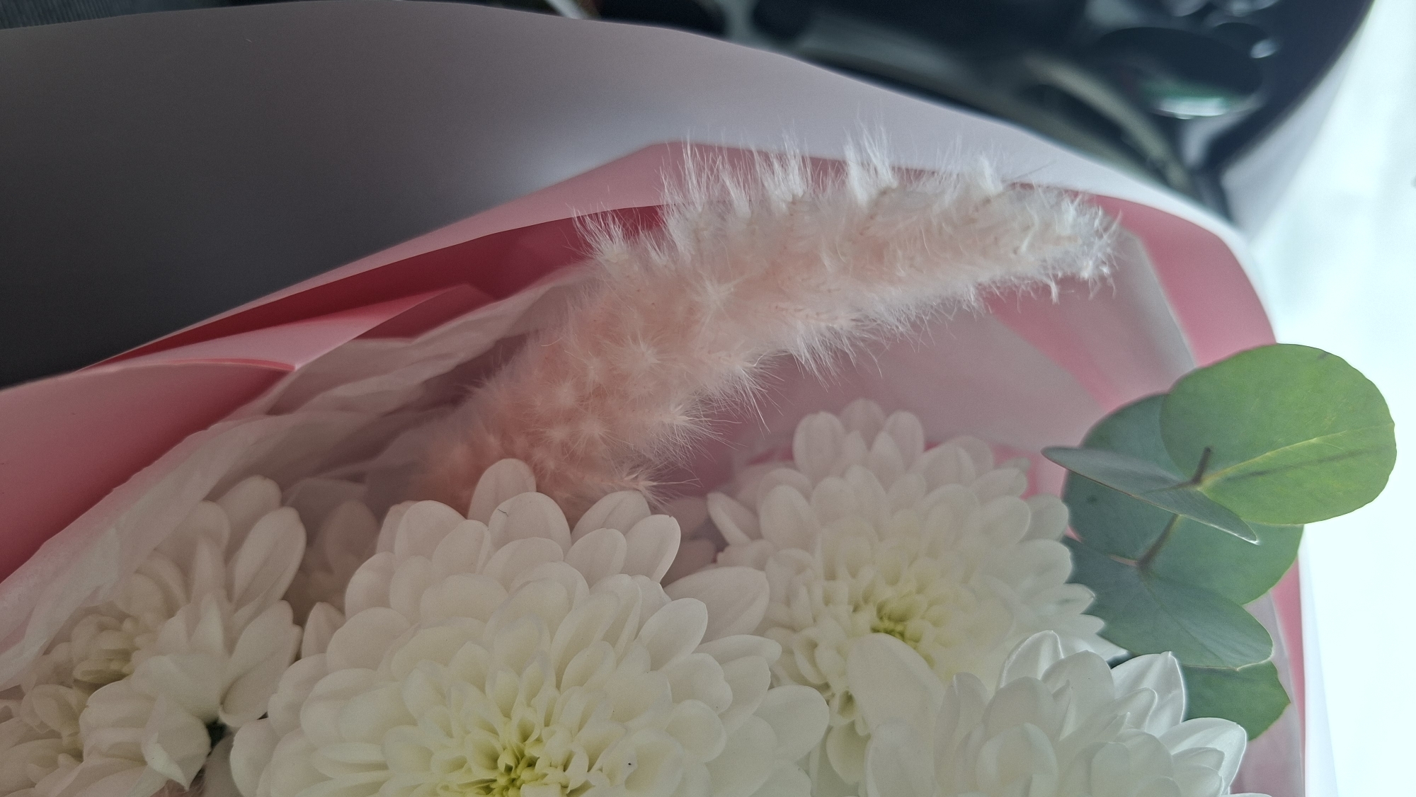 The image shows a close-up of a bouquet of white chrysanthemums and a fluffy, pink-tinged ornamental grass-like element wrapped in pink and white paper. There are also some eucalyptus leaves visible. The setting appears to be indoors, likely in a vehicle, given the presence of a blurred car interior element at the top of the frame. There is no indication of the location being in Дзяржынскі сельскі Савет, Belarus, or any identifiable people.