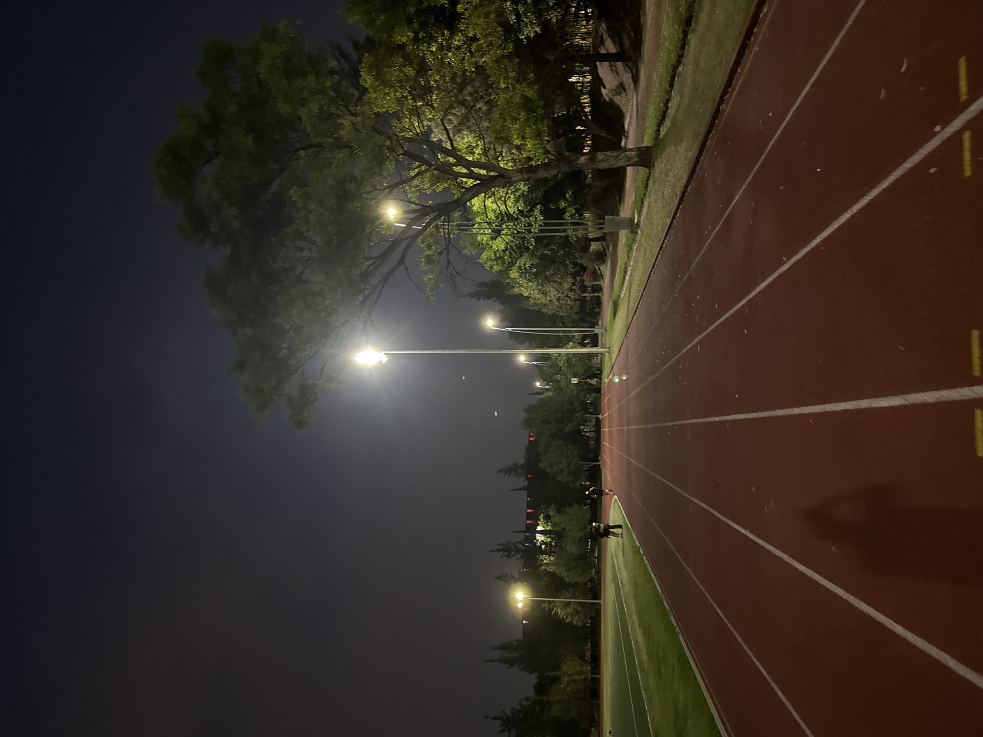 Here is a description of the image:
The image depicts a running track at night. The track is red and has white lane markers, as well as yellow markings in some lanes. Green grass surrounds the track. Overhead streetlights illuminate the scene. Trees line the track and are visible in the background. Several people are walking/running on the track. The image location is not possible to determine based on the image alone.