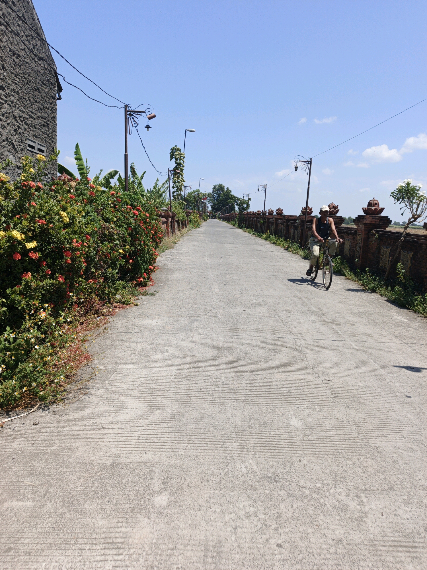An outdoor, medium shot captures a person riding a bicycle down a concrete path under a clear blue sky with scattered clouds. The path is lined with a brick wall on the right, adorned with decorative terracotta elements and lush green foliage with red and yellow flowers on the left. The path itself exhibits a textured pattern of parallel lines. In the distance, a lone bicyclist, wearing a hat, a dark tank top, and light-colored pants, is visible, seemingly heading away from the viewer. The environment appears to be a rural or suburban setting in Panggih, Indonesia, indicated by the presence of power lines, ornamental lamps along the wall, and tropical vegetation. The overall scene is bathed in sunlight, casting shadows on the path.