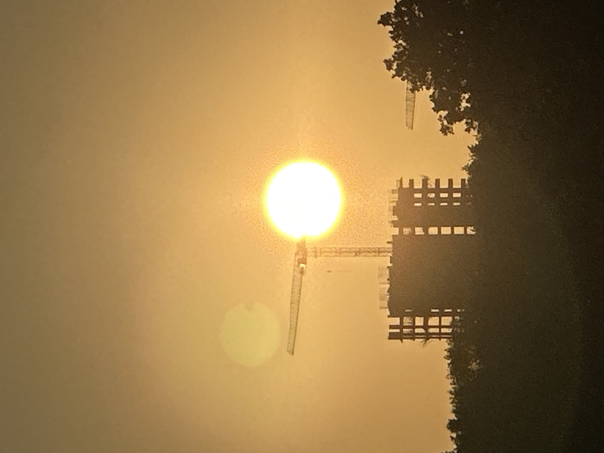 An image taken at sunset in Nizhny Novgorod, Russia, captures a construction scene against a hazy, golden sky. The sun, a bright, diffused orb, dominates the upper center of the frame, with a faint, secondary disc to its left. In the middle ground, a skeletal building under construction rises from silhouetted trees. To the left of the building, a yellow construction crane extends horizontally, its structure faintly visible. Further to the right, another, smaller crane is partially obscured by trees. The foreground is filled with the dark silhouettes of dense trees. The overall impression is one of urban development juxtaposed with the natural elements of a fading day.
