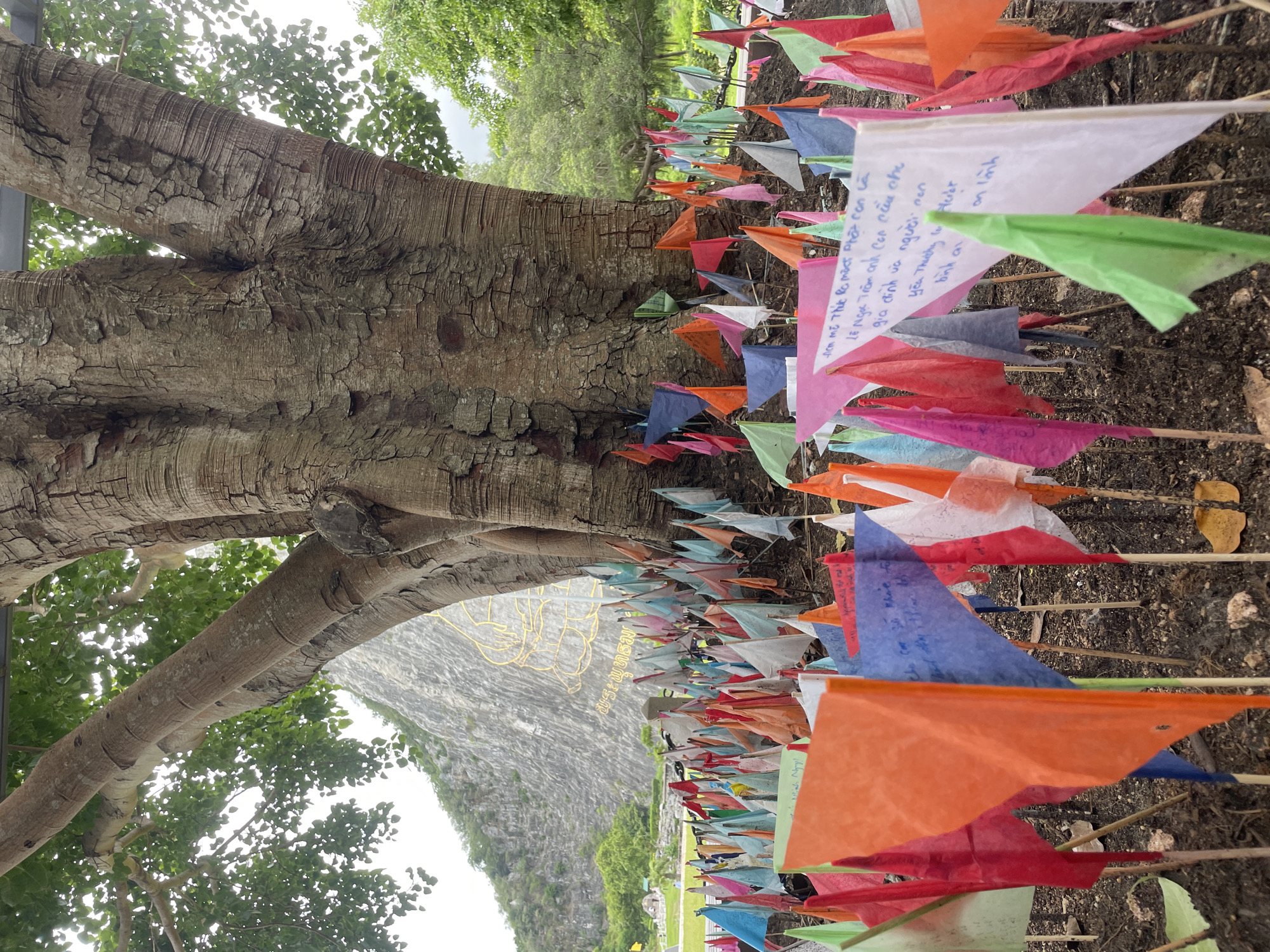 The image shows the base of a large, mature tree with rough, textured bark. The ground around the tree is covered in numerous small, colorful flags, mostly in shades of orange, red, pink, blue, and white. Many of these flags have writing on them, suggesting they are prayer flags or messages. In the background, a large limestone cliff face is visible, with a golden Buddha image carved into it. The setting appears to be outdoors, with some greenery and trees in the middle ground and background. The overall impression is a serene and spiritual location. The image location is identified as the Buddha Mountain (Khao Chi Chan) in Na Chom Thian, Thailand.