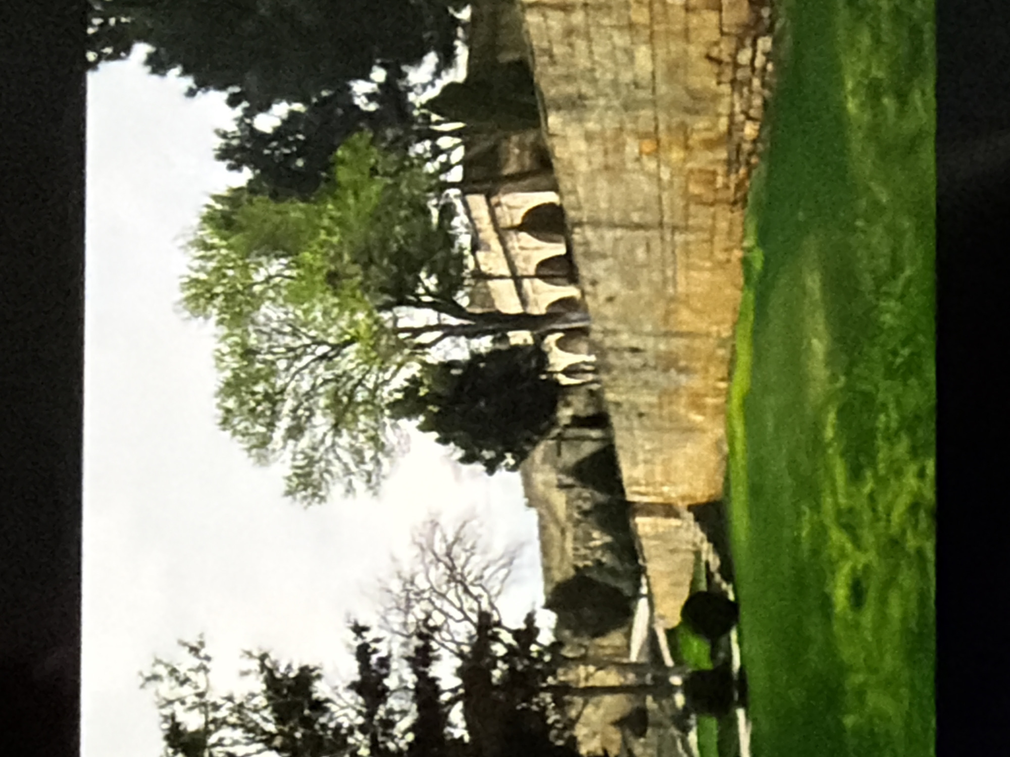 The image shows a stone wall bordering a lush green lawn in front of an ancient-looking structure with arched openings. Several trees are visible, some with vibrant green foliage and others bare-branched, suggesting a temperate climate. The sky above is overcast. The architecture of the building, with its stone construction and arched facade, hints at historical significance, possibly a palace or a religious site. The overall scene evokes a sense of tranquility and historical depth. However, there is no information provided in the image itself or the crops that allows for specific identification of the location within Lopatino, Russia.