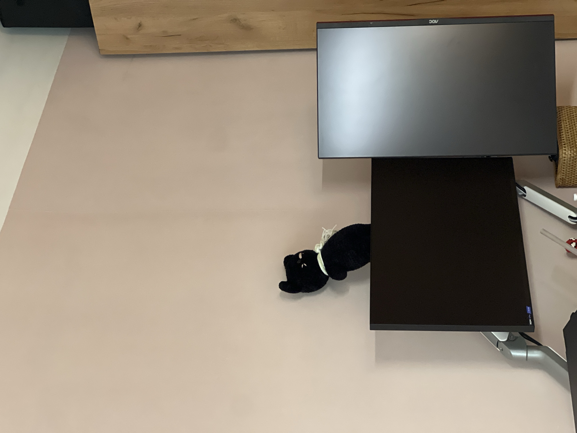 A black stuffed cat sits on top of a dark monitor, which is mounted on a silver arm. To the right of this monitor is another, larger monitor with a thin red bezel. A light-colored wooden cabinet is visible on the right side of the image. The wall behind the objects is painted a light pink color. The scene appears to be indoors, in a room that is likely a home office or study. There are no people visible in the image. The location is Unknown, Russia.