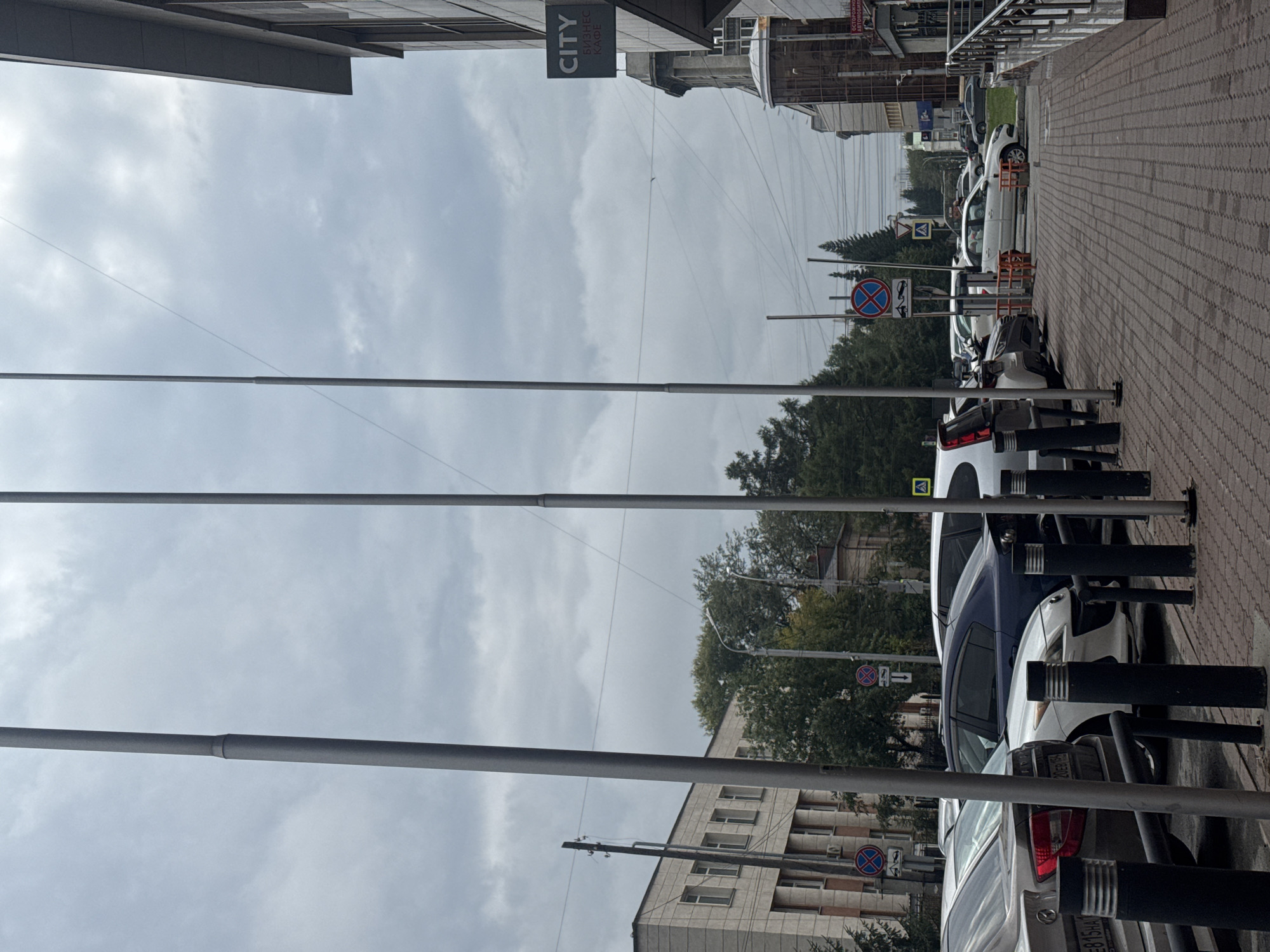 The image depicts a street scene in Novosibirsk, Russia. A row of parked cars lines a sidewalk paved with red brick. Tall, slender metal poles are positioned along the sidewalk, some of which appear to be flagpoles. In the background, buildings of various architectural styles are visible, including a modern-looking office building with a sign that reads "CITY БИЗНЕС КАФЕ". Trees and power lines are also present. The sky is overcast with heavy clouds. There are no people visible in the image. The overall impression is one of an urban environment on a cloudy day.