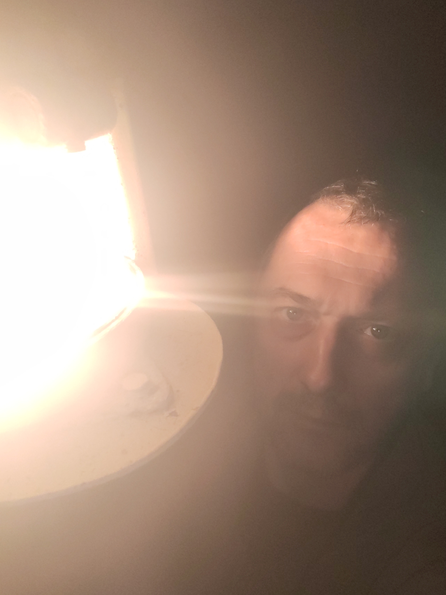 A forensic examination of the image reveals a close-up, low-light portrait of an adult male. The scene is situated in Gladyshevo, Russia. The man's face, positioned right of center, is partially illuminated from the left by an intensely bright, warm-toned light source. He appears to be middle-aged or older, with short, somewhat disheveled dark hair exhibiting visible gray strands. Horizontal wrinkles are prominent on his forehead. His eyes are open and directed towards the viewer, displaying a reflective sheen from the bright light. The bridge and tip of his nose are visible, while the lower portion of his face, including the mouth and chin, is largely obscured by shadow and the tight cropping. He is wearing a dark, indistinct garment. The powerful light source, likely a lamp with a light-colored, circular shade, occupies the entire left third of the frame, causing significant lens flare and localized overexposure. The background is uniformly dark and out of focus, providing no additional environmental details.