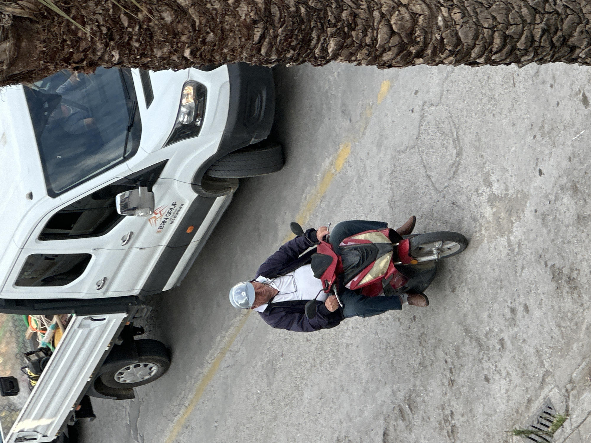 A man wearing a clear helmet, dark jacket, white shirt, and dark pants is riding a small red scooter on a gray concrete surface. A white van with the words "BRN GRUP" printed on its side is parked nearby. The rear of the van is a flatbed with equipment secured on it. A palm tree trunk is visible at the top of the frame. A yellow line is painted on the concrete beside the van and the scooter. The location is Fethiye, Turkey.