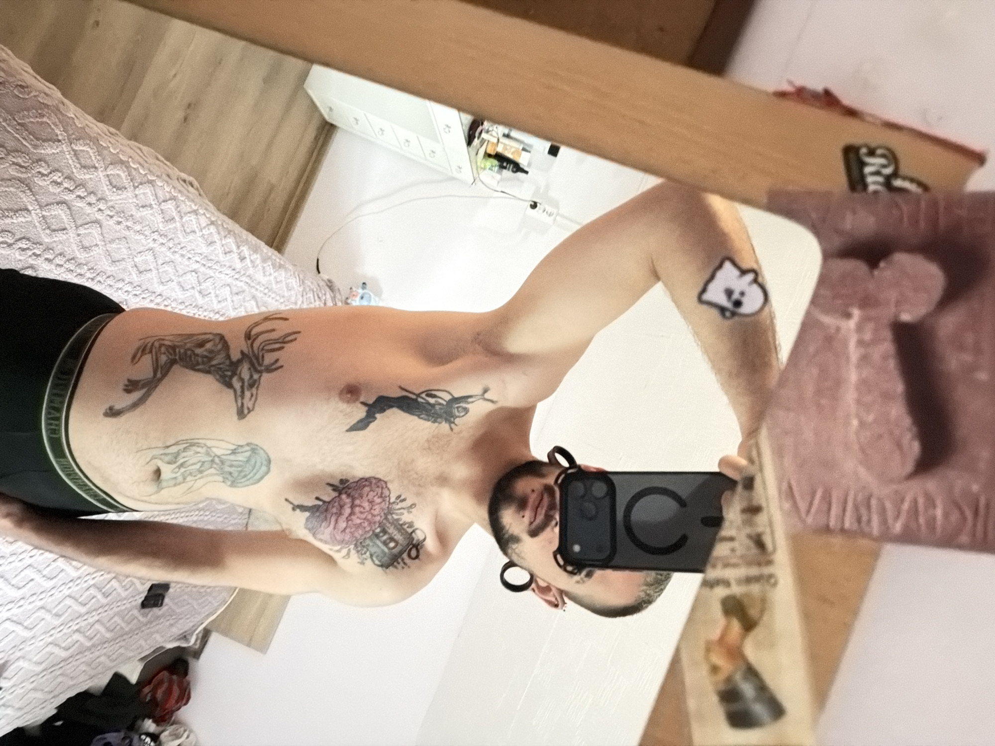An indoor mirror selfie captures a person from the chest up, revealing multiple tattoos on their torso and right arm. The person, who has short dark hair, a beard, and ear gauges, is holding a dark-colored smartphone with a prominent 'C' on its case to take the picture. They are wearing dark boxer briefs with "OUTGUARD" visible on the waistband.
Visible tattoos include a large deer/stag on their right side, a figure diving or falling on their chest, a blue-green jellyfish on their upper abdomen, and a brain with gears on their left side. A small, white ghost-like cartoon character is visible as a tattoo or sticker on their right arm.
The background, reflected in the mirror, shows parts of a room, likely a bedroom. A bed covered with a light-colored, patterned blanket is visible to the left. Above the person's head, a wooden beam or shelf reflects, bearing a "Rio" sticker or logo. To the right, a pink or purple textured decorative object, possibly a carved item, is partially visible, with some unreadable text. A white dresser or cabinet with various bottles and wires can be seen further back. The scene is set in Plovdiv, Bulgaria.